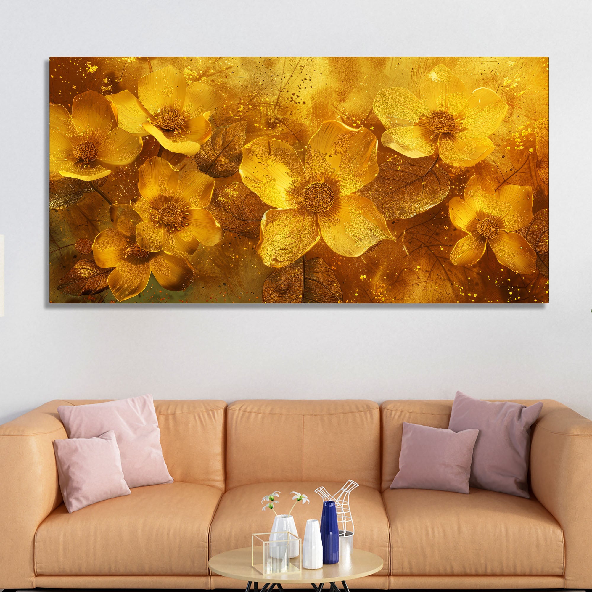 Golden Floral Flowers Field Premium Canvas Wooden Wall Painting