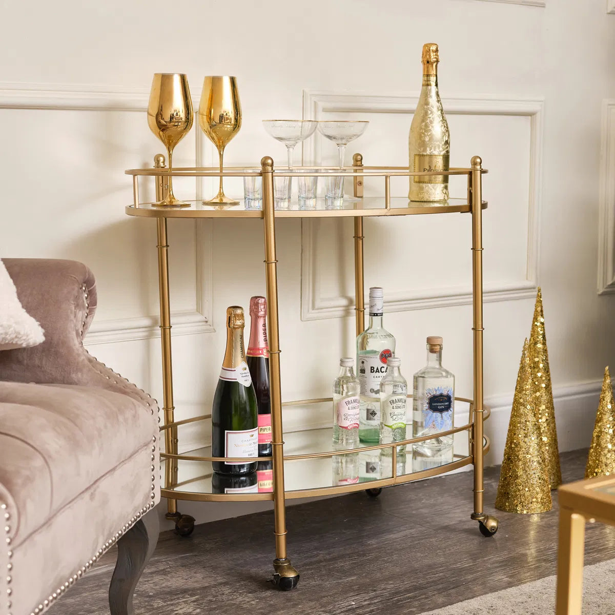 Golden Glamour Oval Drinks Trolley with Mirrored Elegance