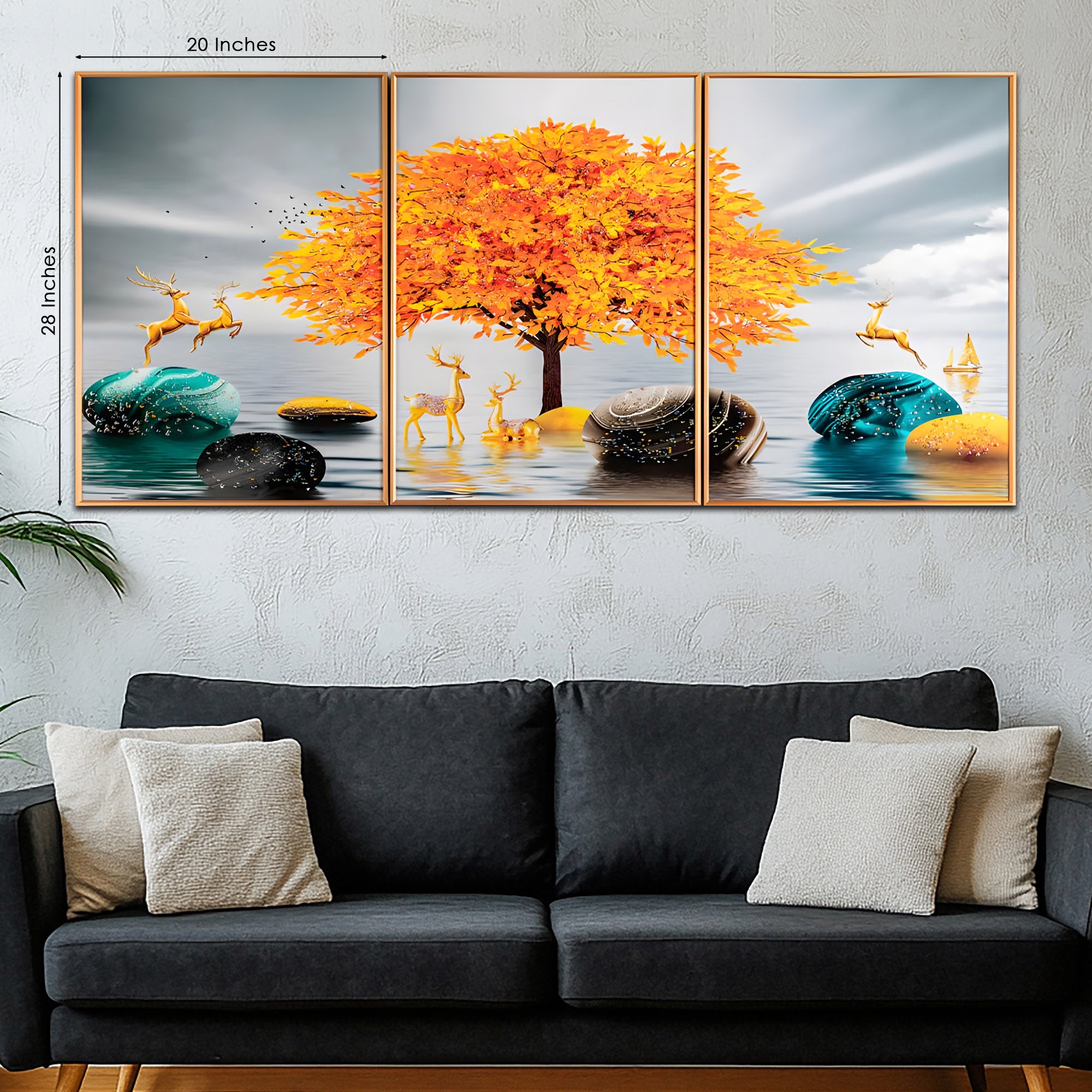 Golden Glory Nature Framed Crystal Glass Painting Set of 3