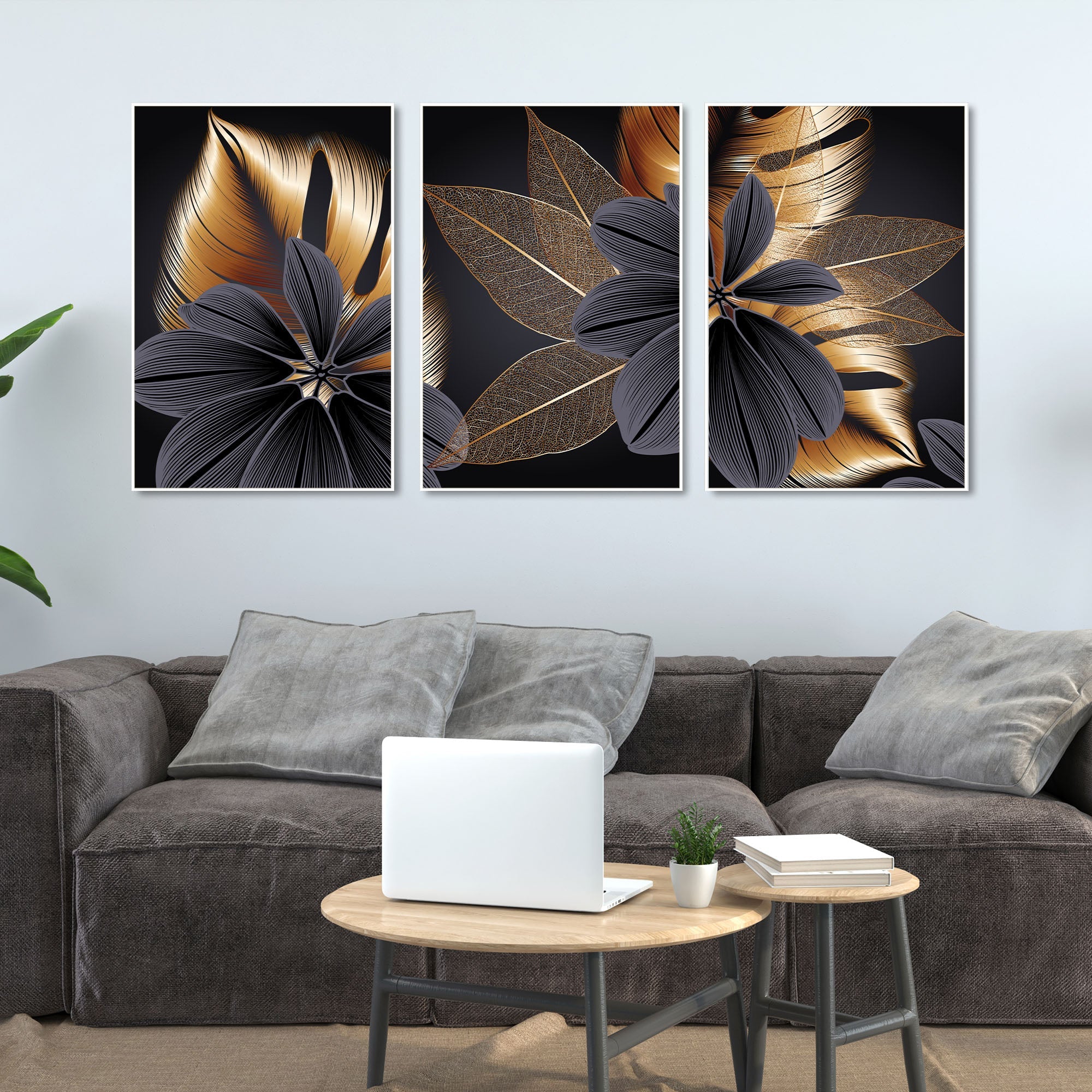 Golden Leaf Flower Floating Canvas Wall Painting Set of Three