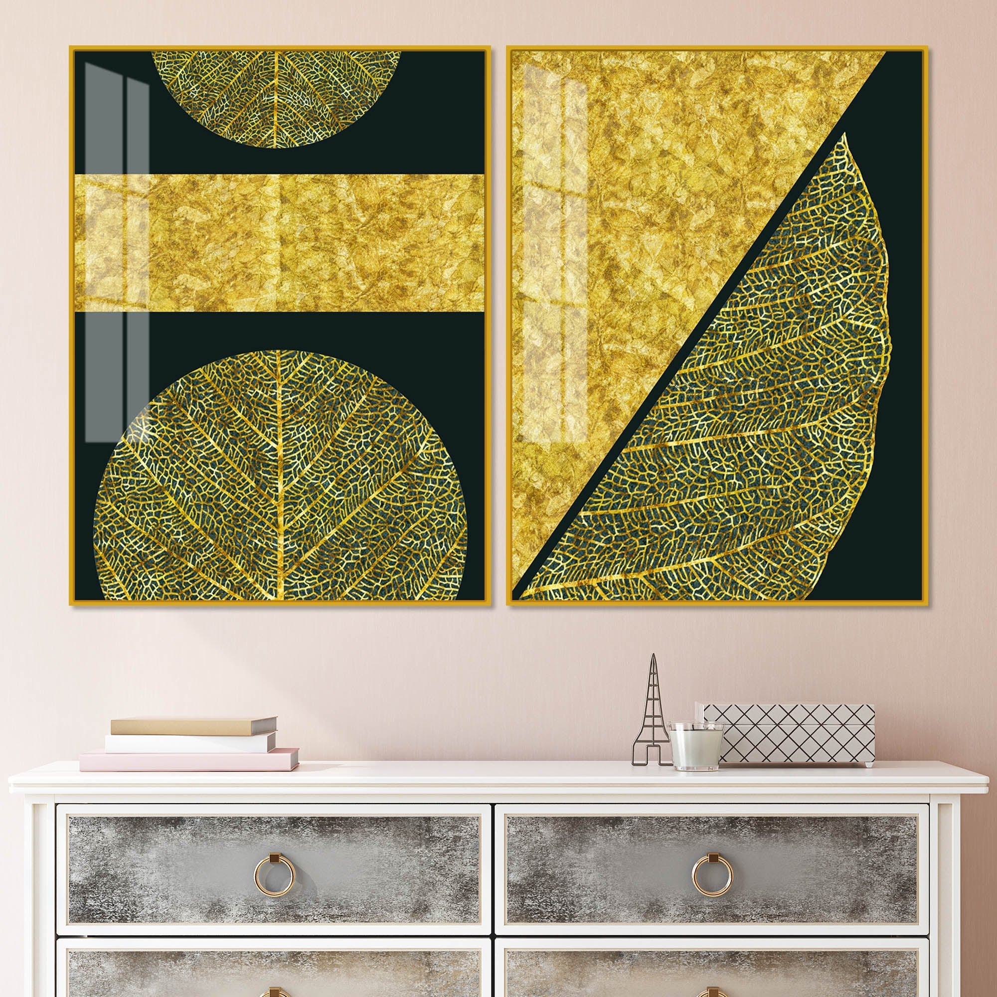 Golden Leaves and Line Art Acrylic Floating Wall Painting Set Of 2