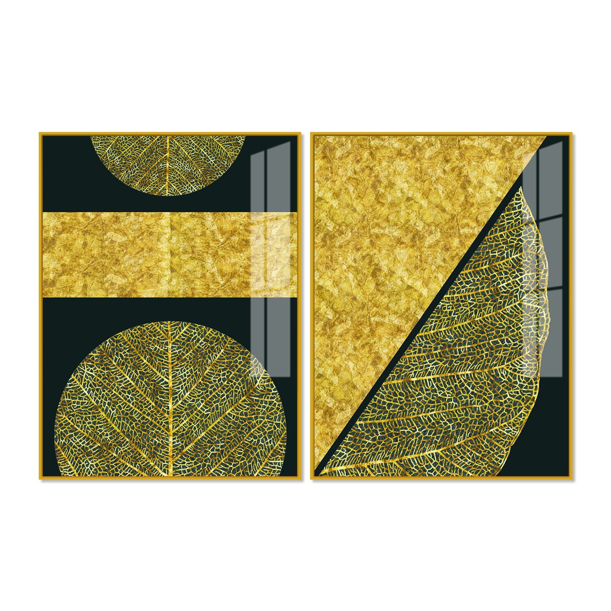 Golden Leaves and Line Art Acrylic Floating Wall Painting Set Of 2