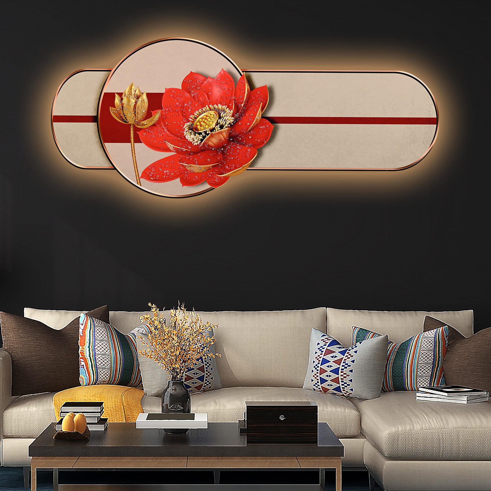 Golden Lotus Elegance Crystal Glass Backlit LED Painting