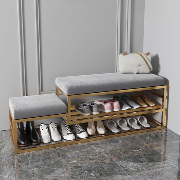Golden Metal Shoe Rack With Modern Upholstered Gray Velvet