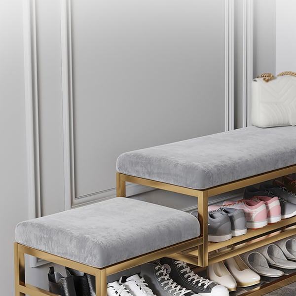 Golden Metal Shoe Rack With Modern Upholstered Gray Velvet