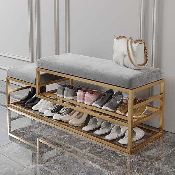 Golden Metal Shoe Rack With Modern Upholstered Gray Velvet