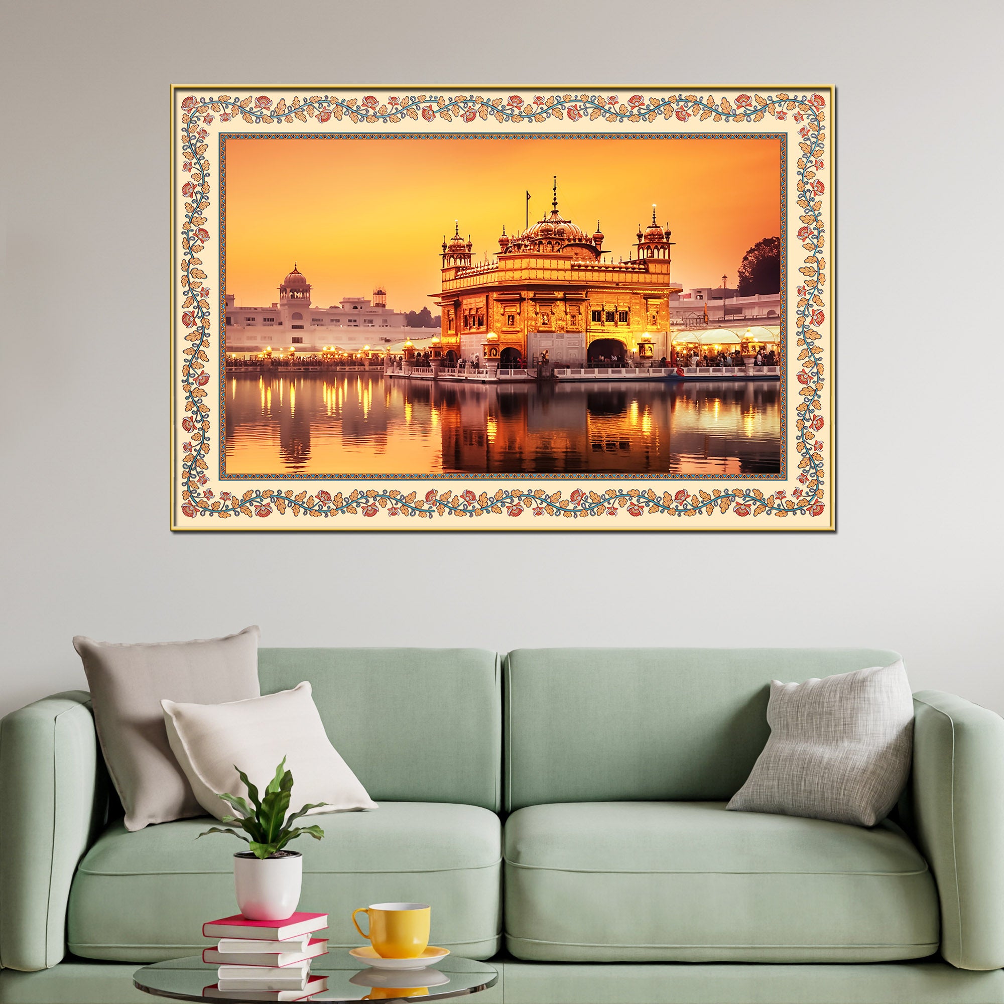 Golden Sikh Temple Floral Border Canvas Wall Painting