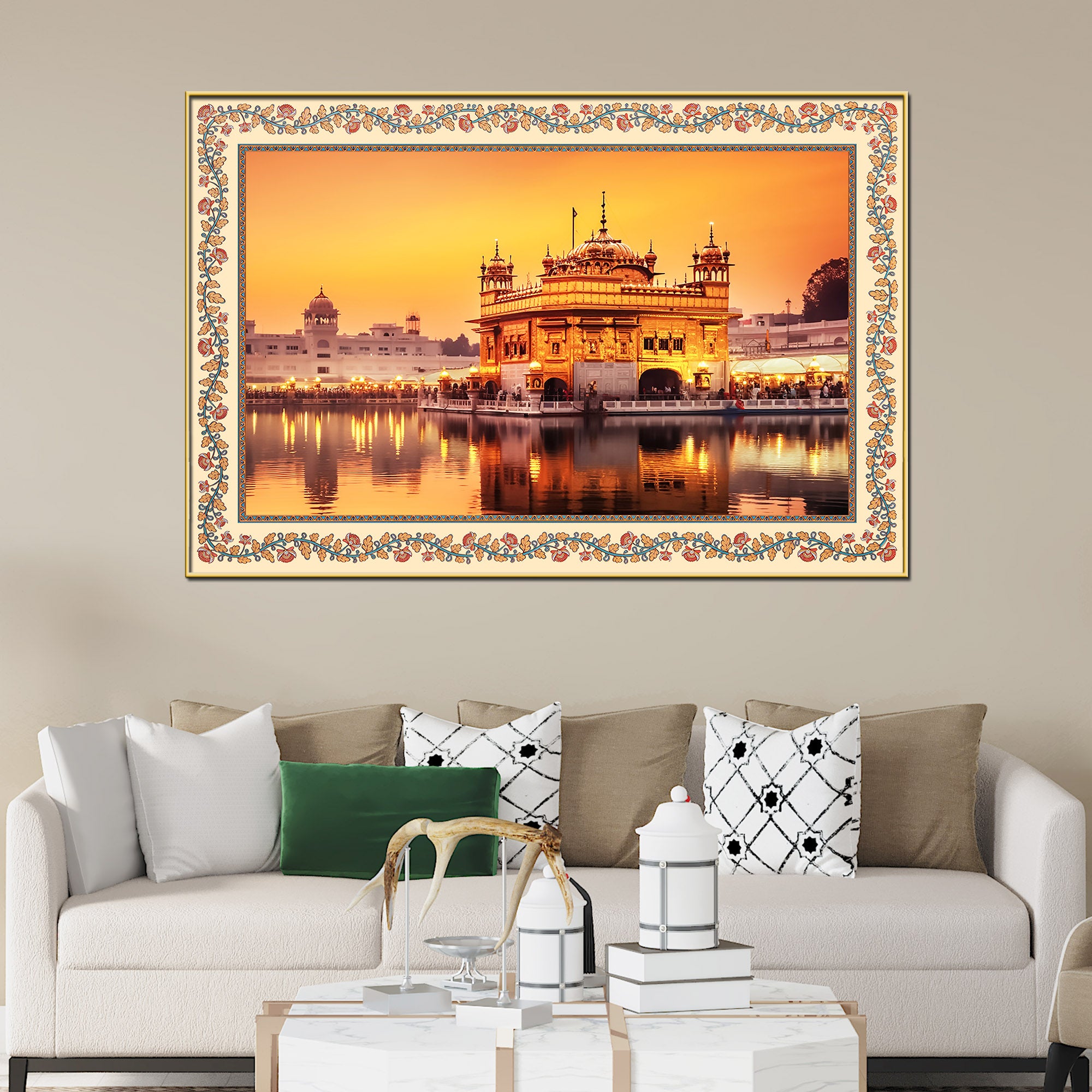 Golden Sikh Temple Floral Border Canvas Wall Painting