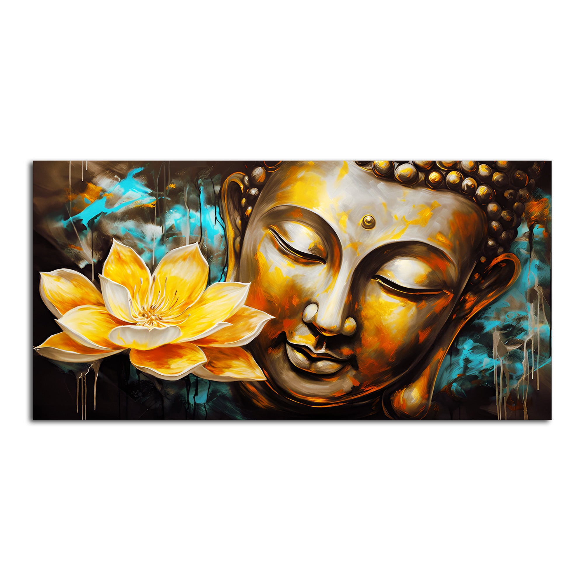 Golden Statue of Buddha with Lotus Flowers Canvas Wall Painting
