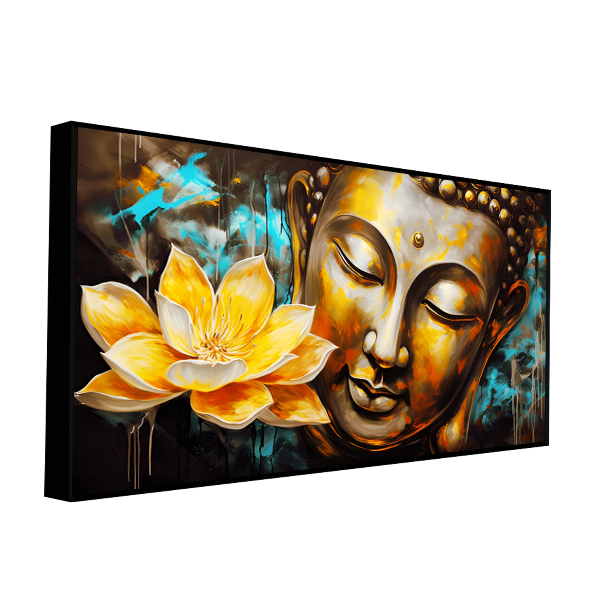 Golden Statue of Buddha with Lotus Flowers Canvas Wall Painting