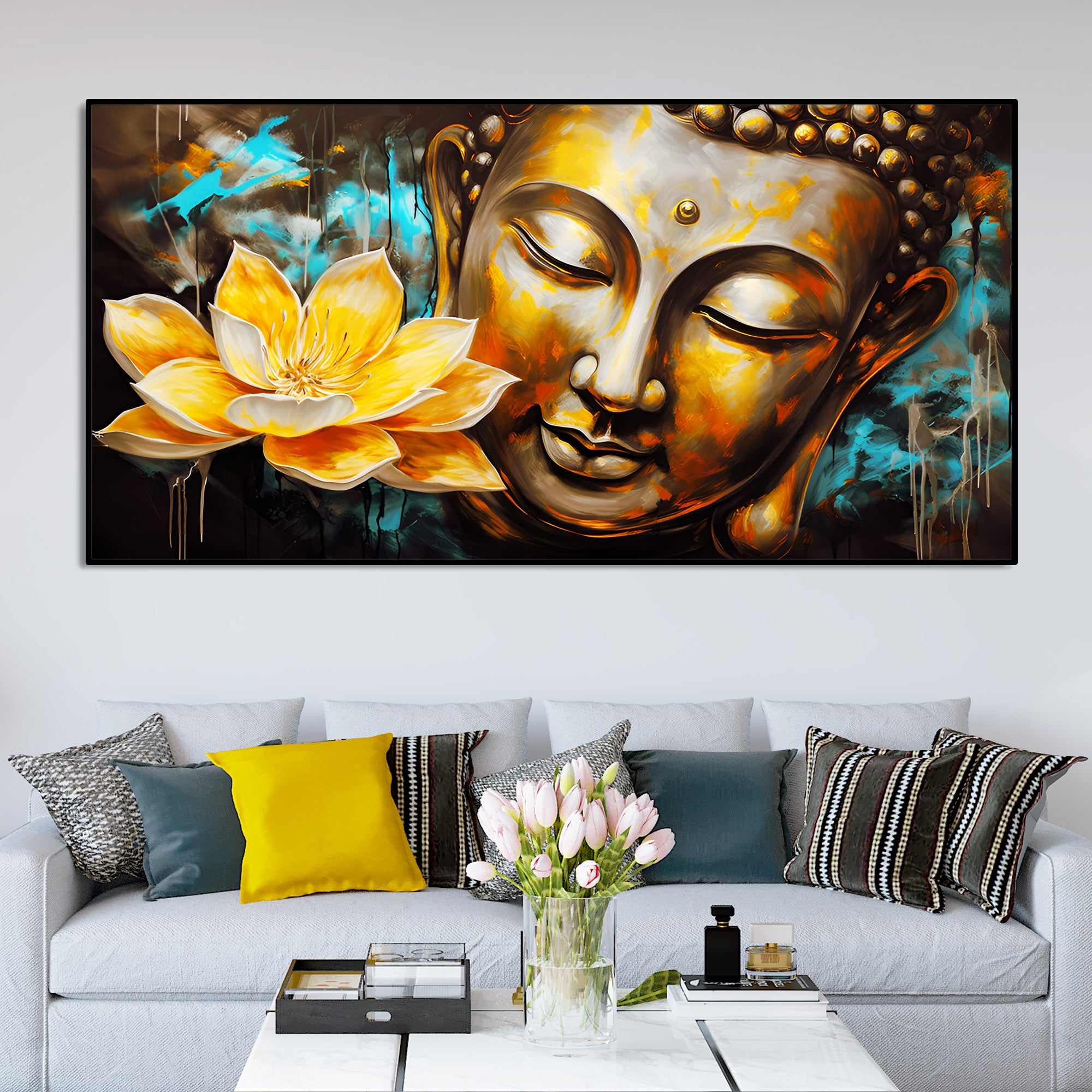 Golden Statue of Buddha with Lotus Flowers Canvas Wall Painting