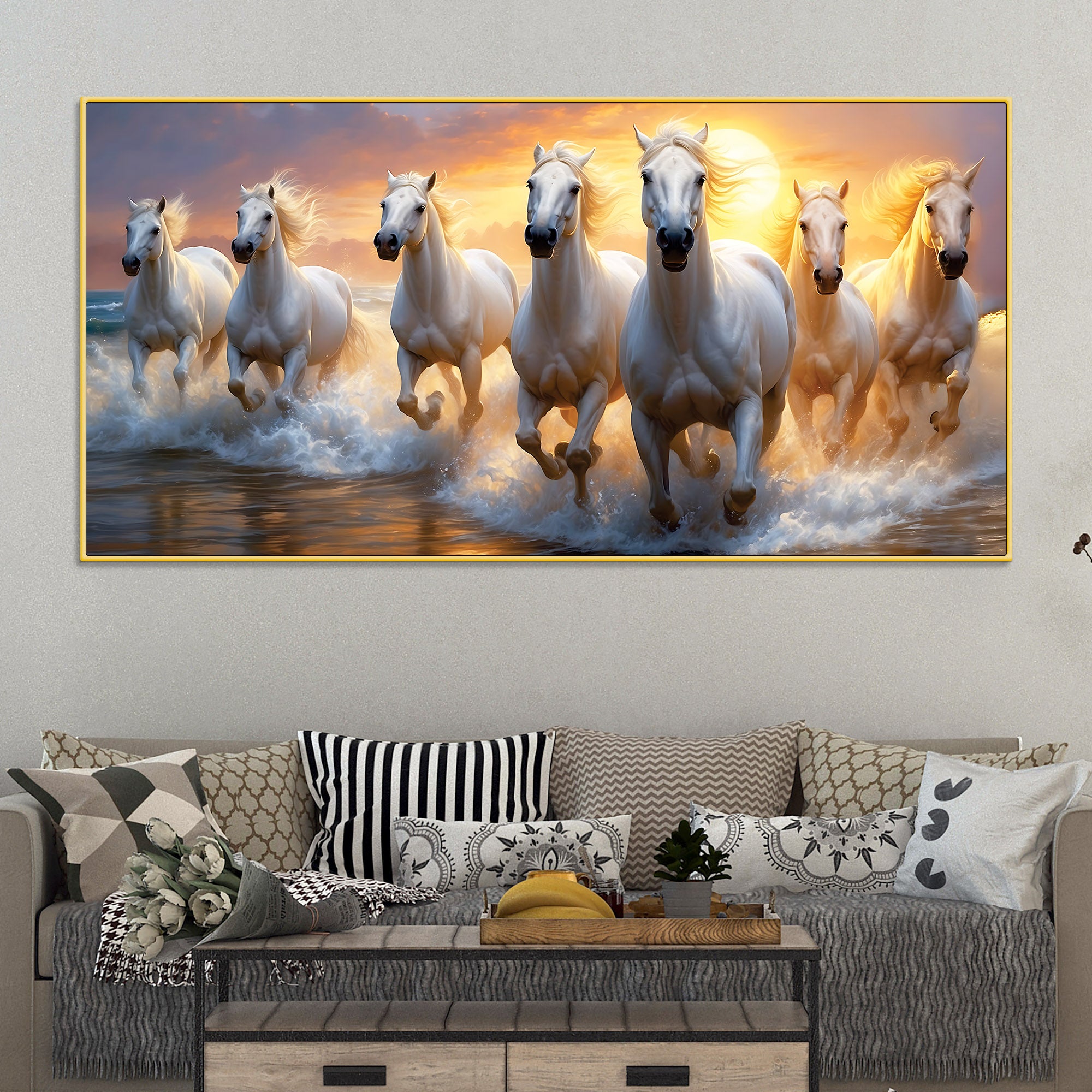 Golden Sunset Running White Horses Canvas wall Painting