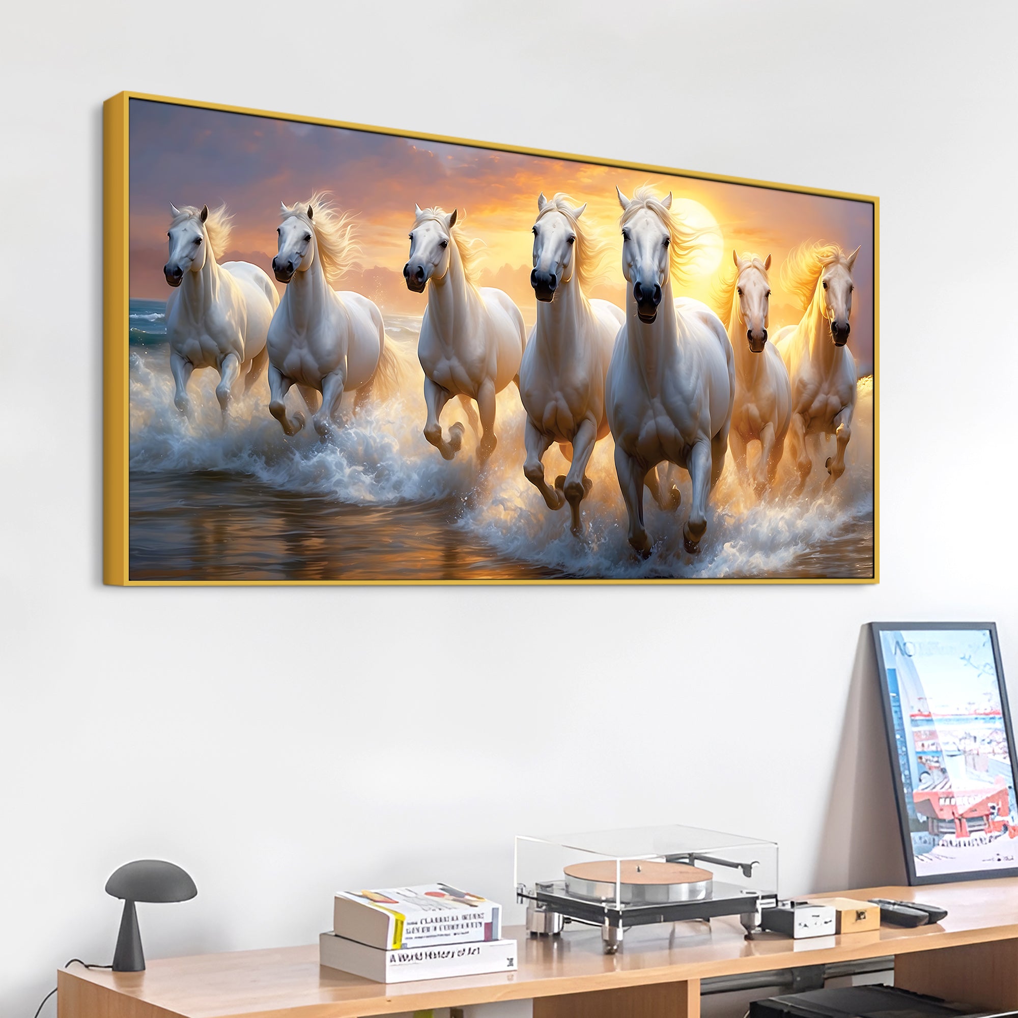 Golden Sunset Running White Horses Canvas wall Painting