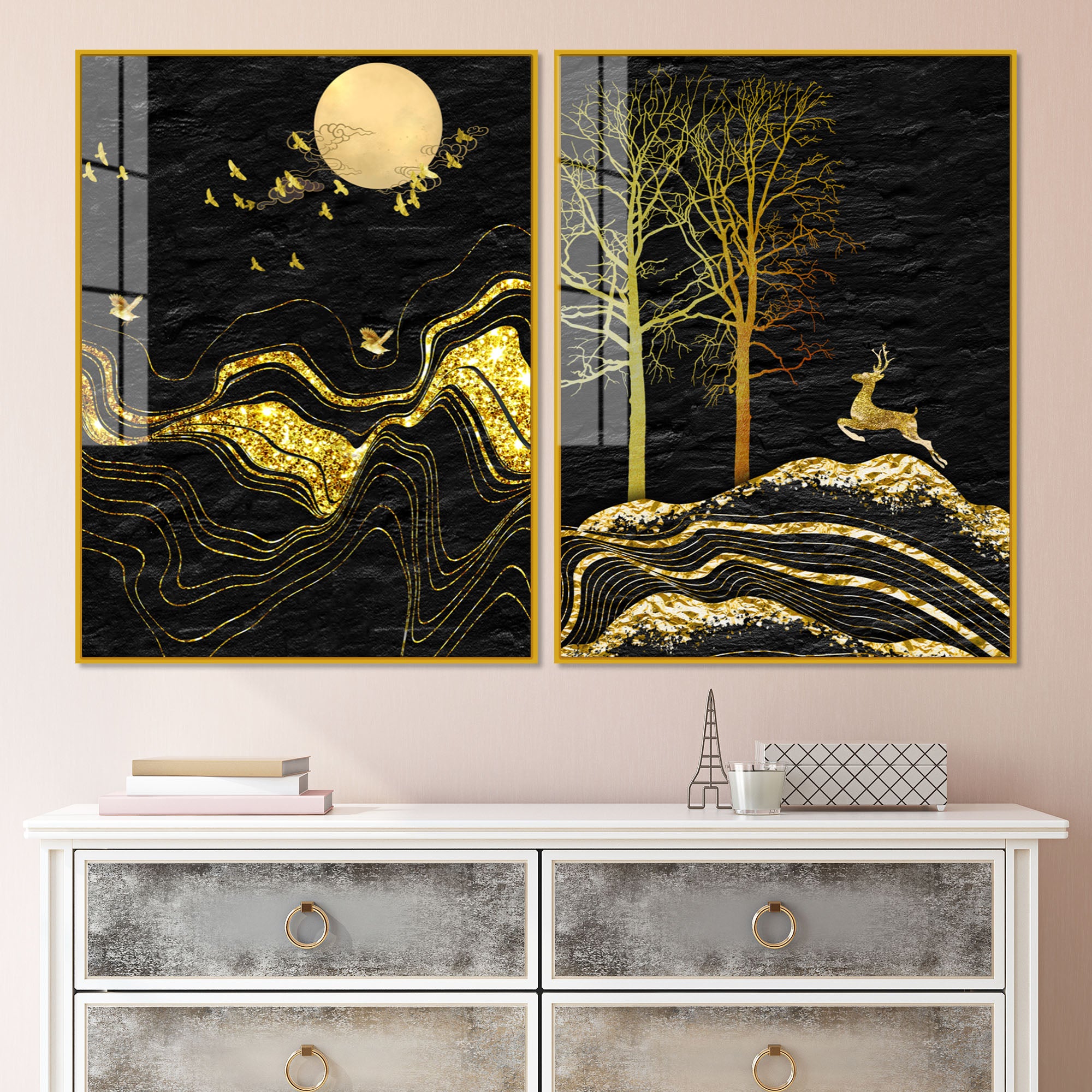 Golden Textured Mountains Art Premium Acrylic Floating Wall Painting Set Of 2