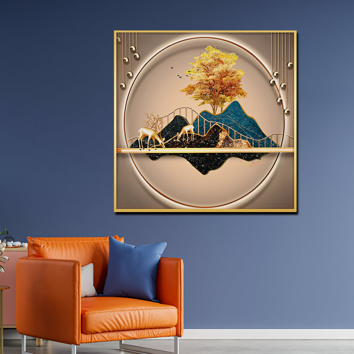 Golden World of Peace Framed Crystal Glass Painting