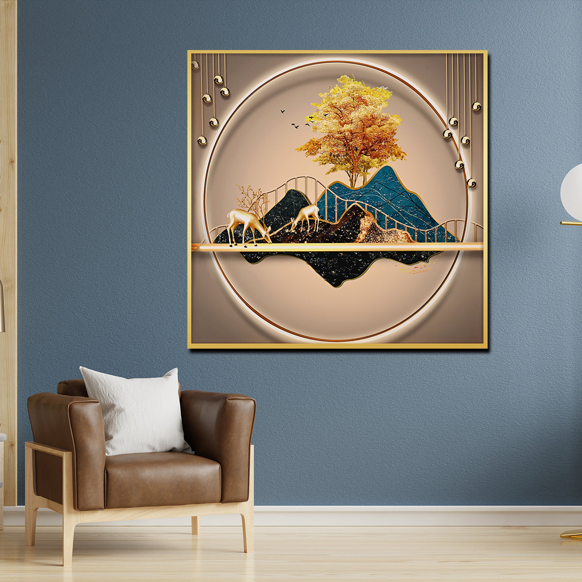 Golden World of Peace Framed Crystal Glass Painting