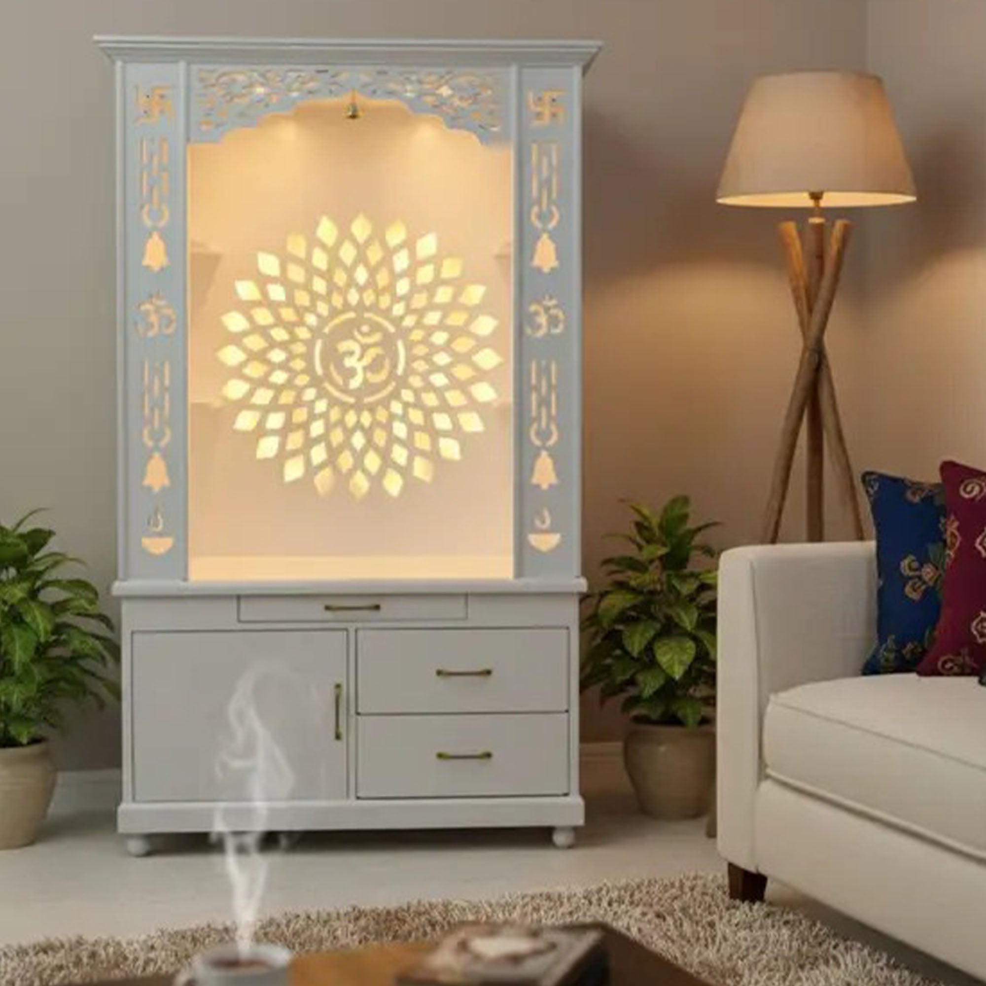 gorgeous-white-wooden-temple-with-om-led-back-panel-spacious-drawers-storage-cabinet-for-home-office