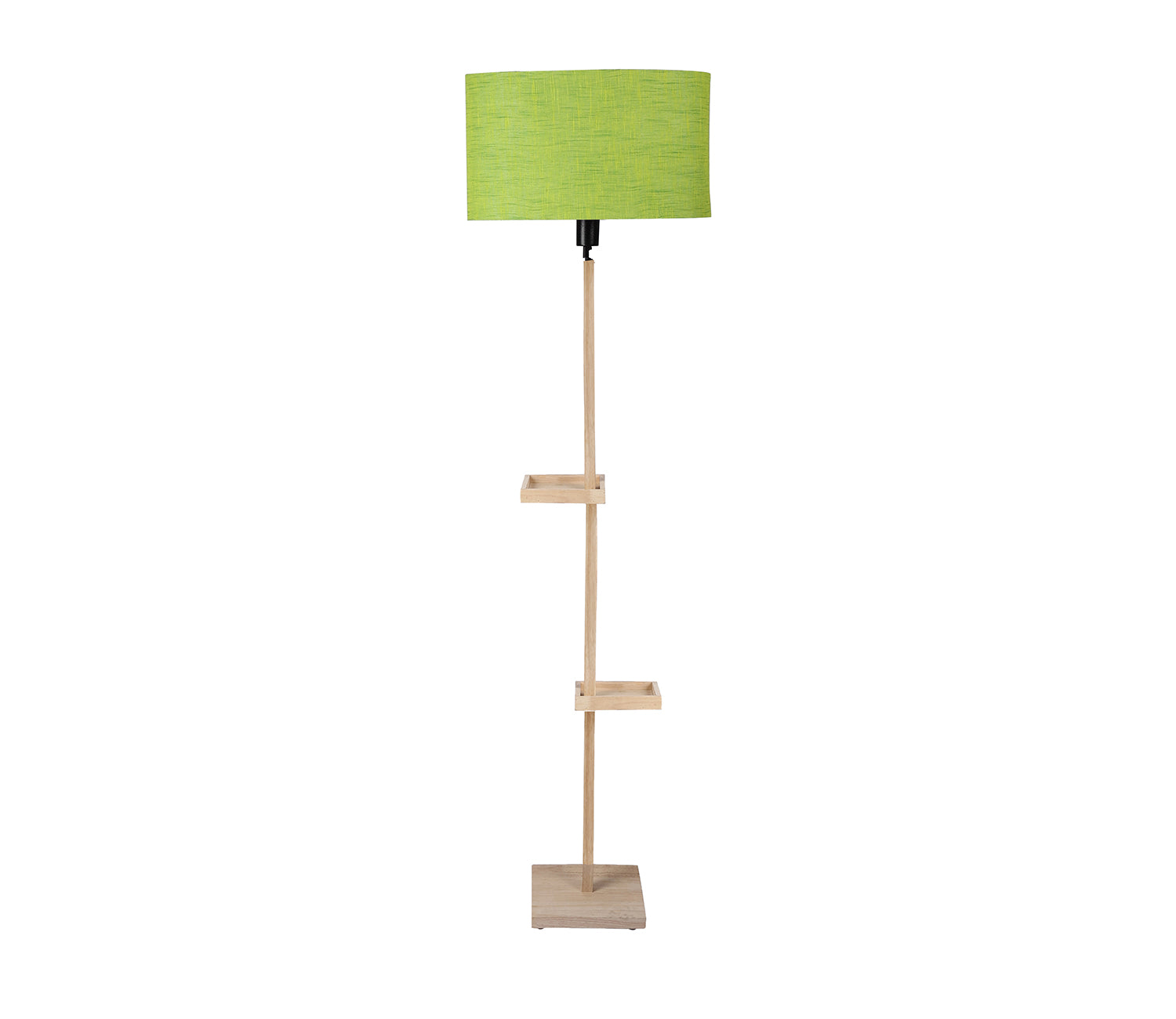 Green Fabric Double Shelf Floor Lamp with Natural Solid Wood Color Base