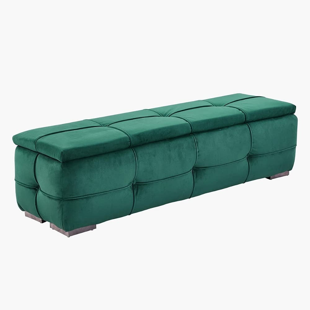Green Velvet Tufted Storage Bench with Seating and Organizer Space
