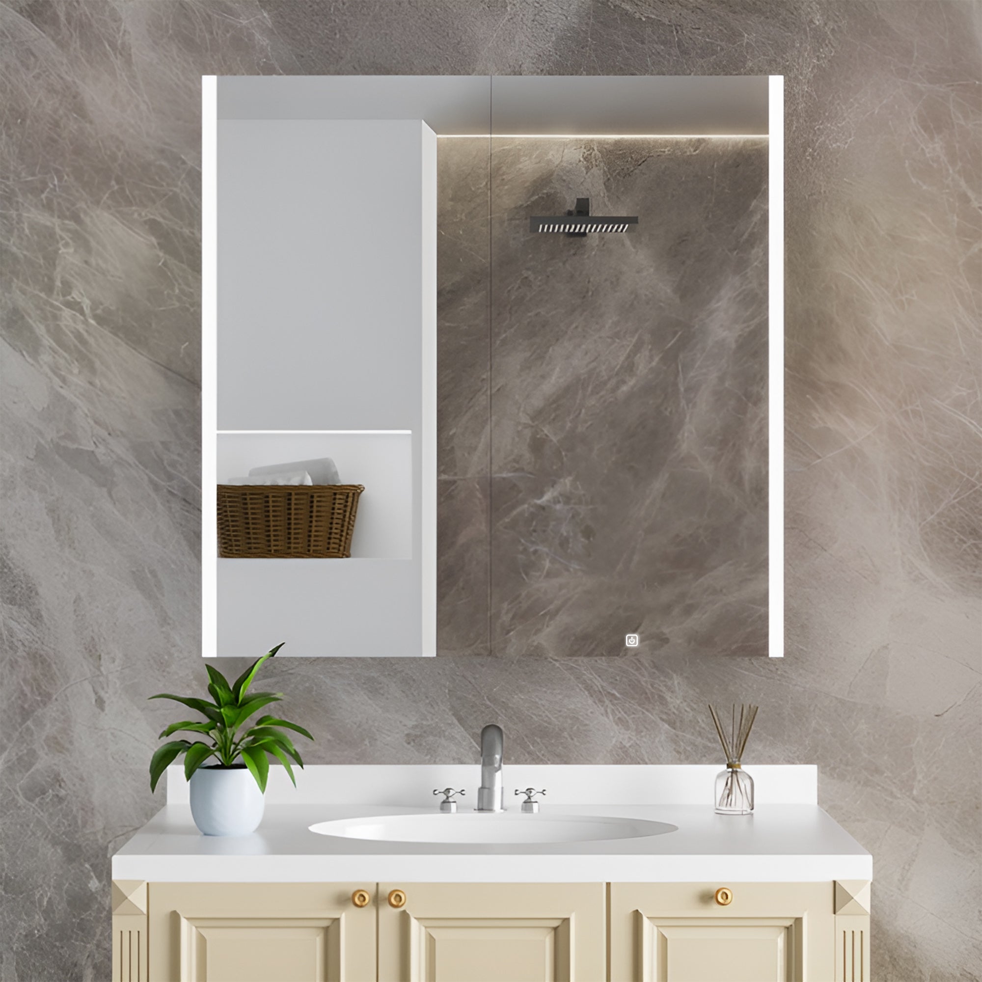 HaloLine Ambient Side Glow LED Mirror with Storage Cabinet