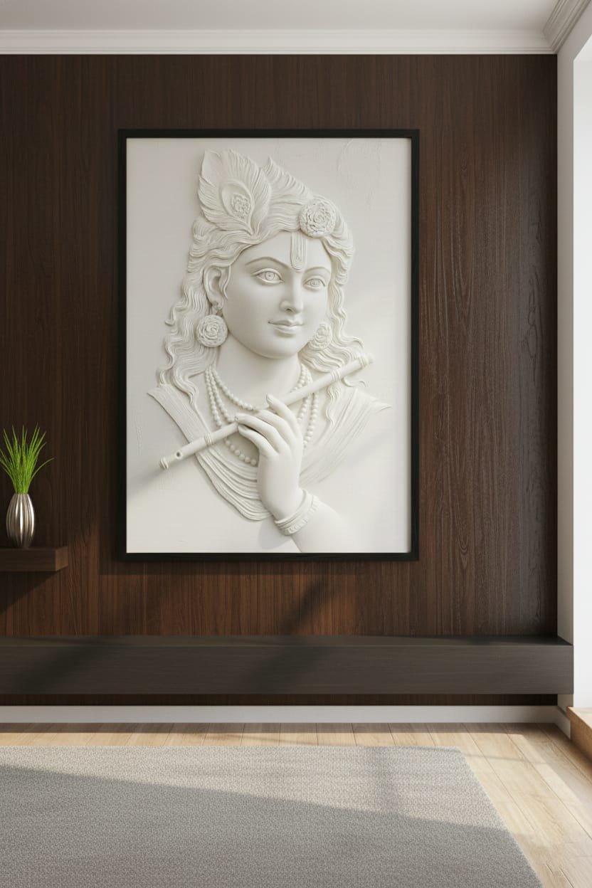 Handcrafted 3D Lord Krishna with Flute Premium Wall Hanging for Home & Office Décor – Spiritual Art