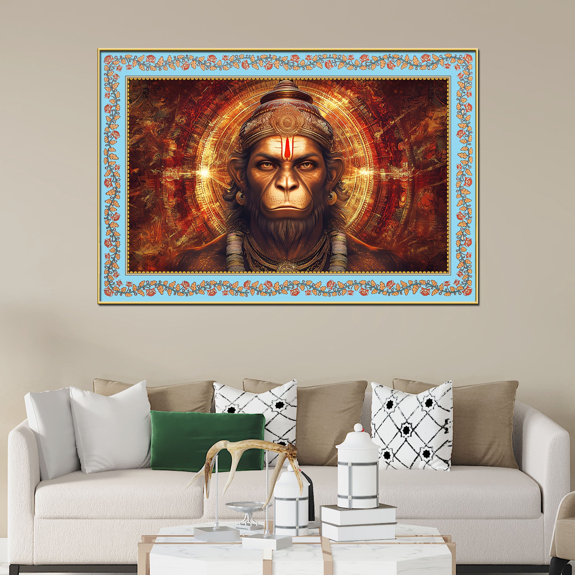 Hanuman Symbol of Strength Floral Border Canvas Wall Painting
