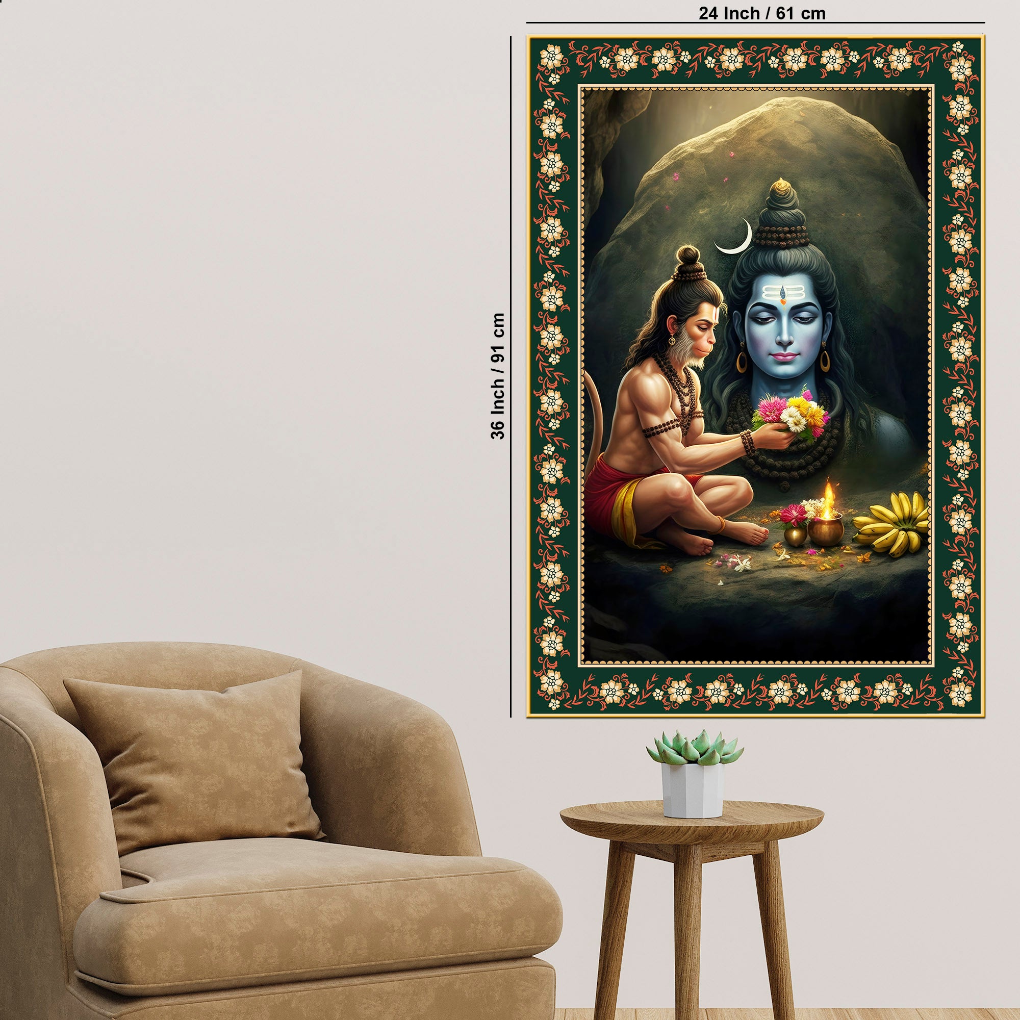 Hanuman Worship Shiva Floral Border Vertical Wall Painting