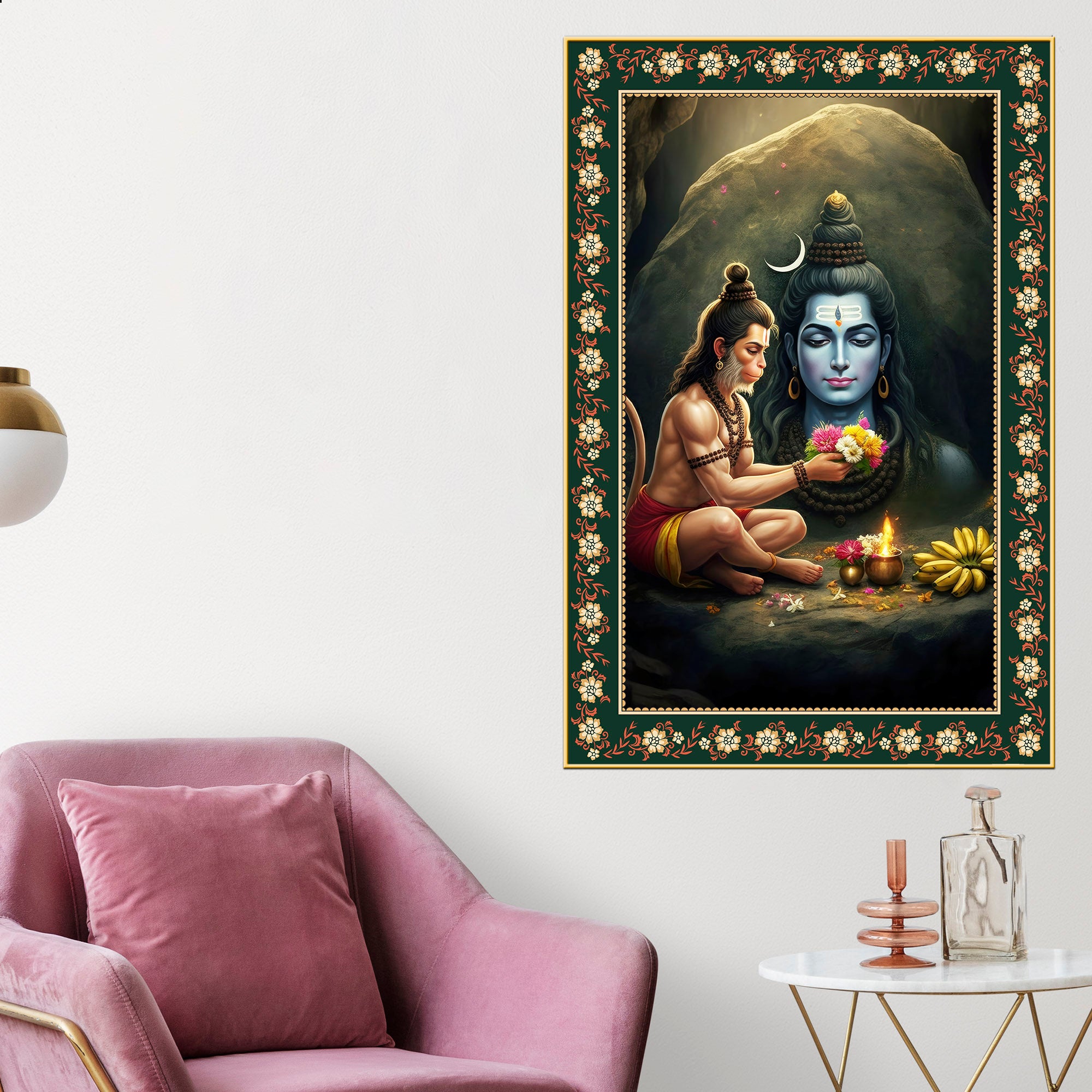 Hanuman Worship Shiva Floral Border Vertical Wall Painting
