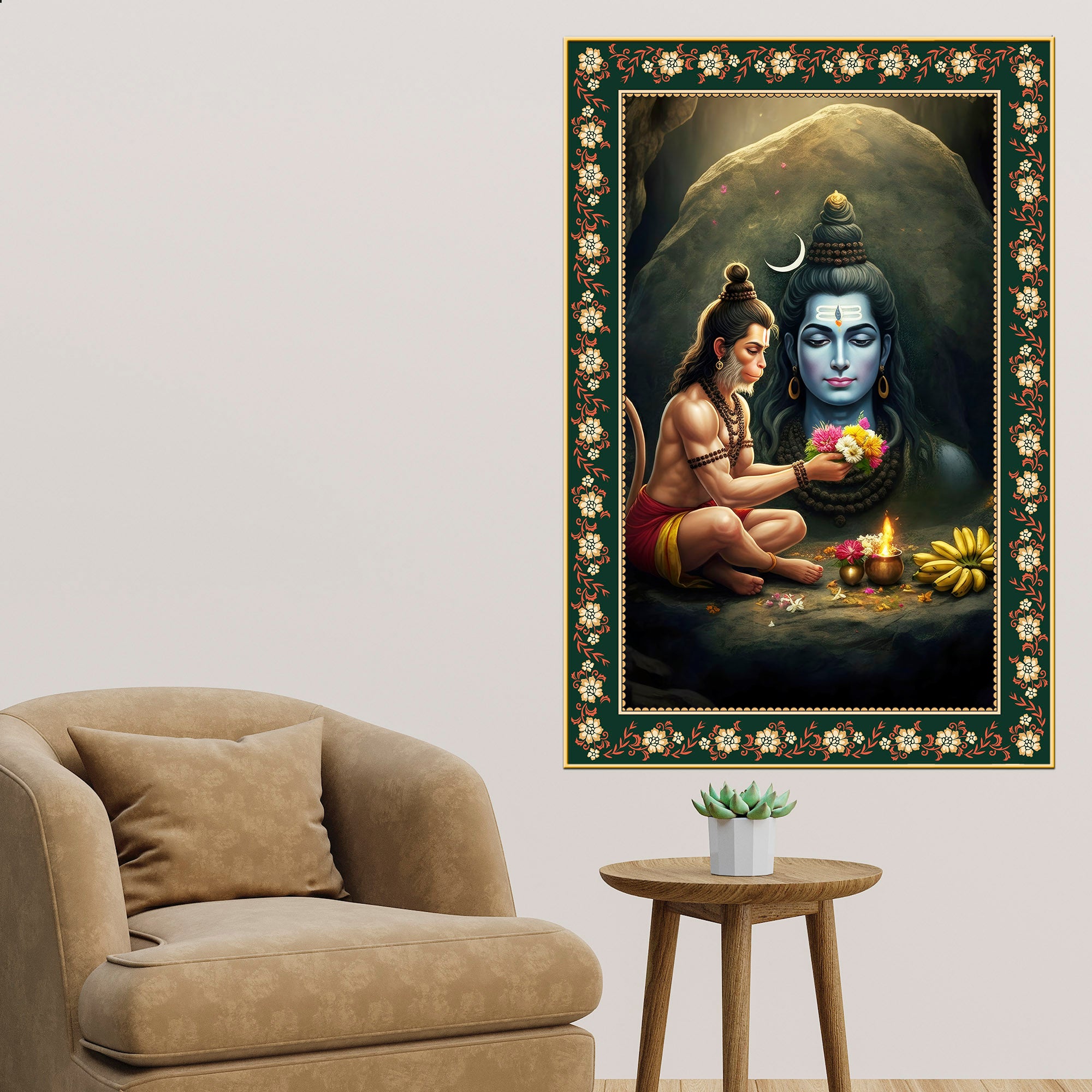 Hanuman Worship Shiva Floral Border Vertical Wall Painting