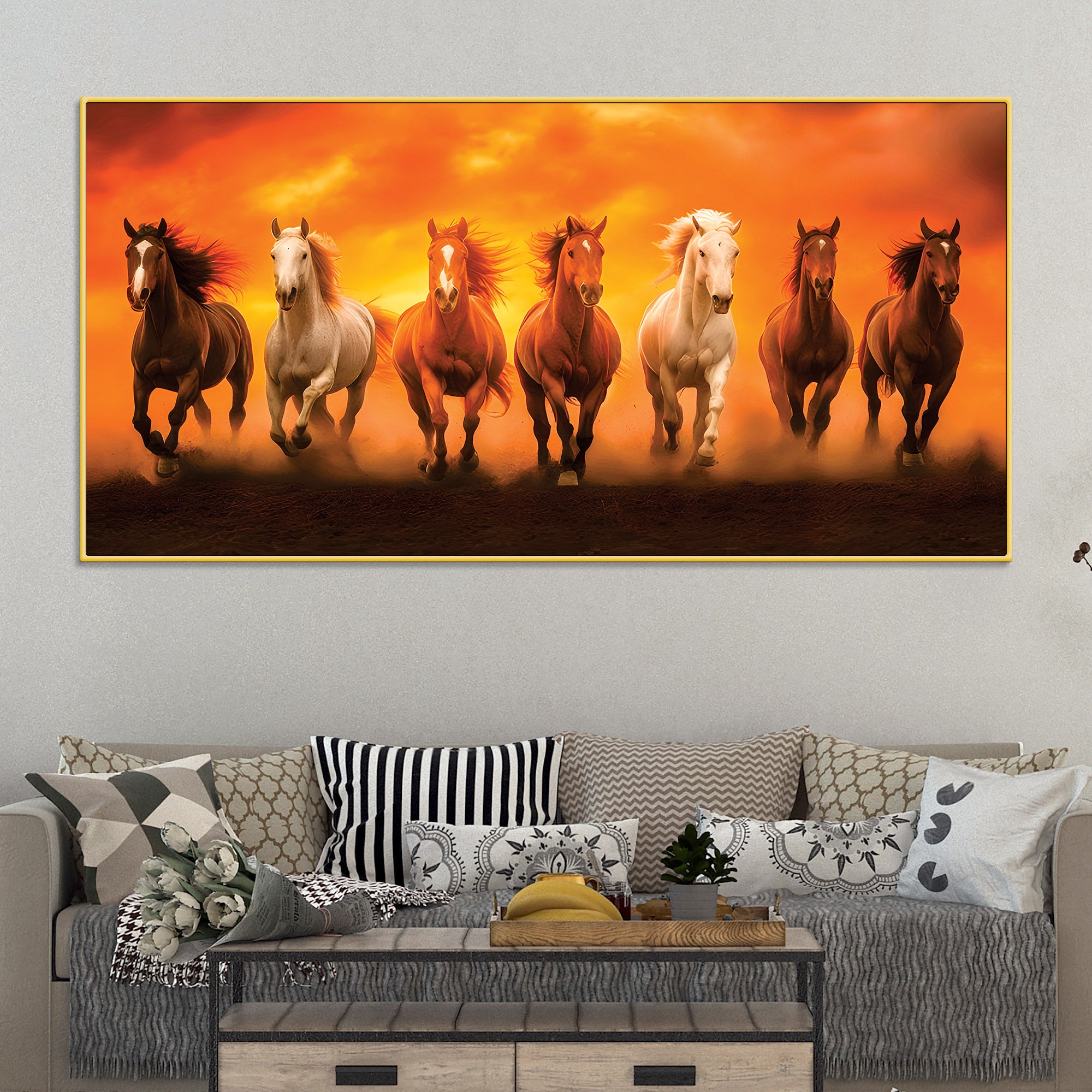 Herd of Seven Horses Running at Sunrise Premium Wall Painting
