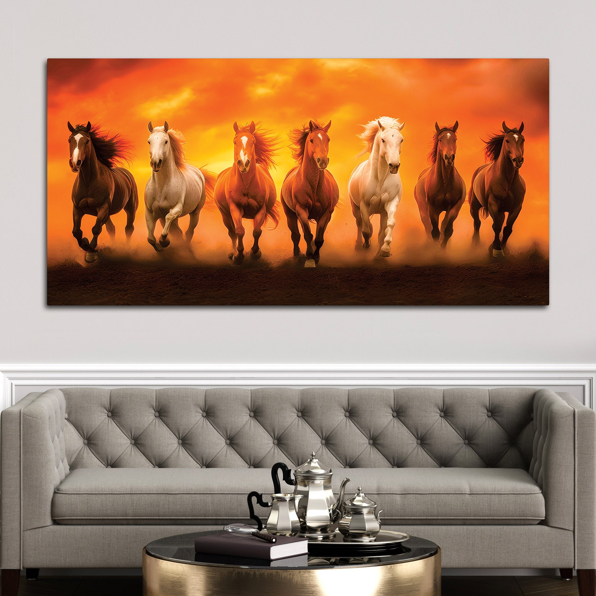 Herd of Seven Horses Running at Sunrise Premium Wall Painting