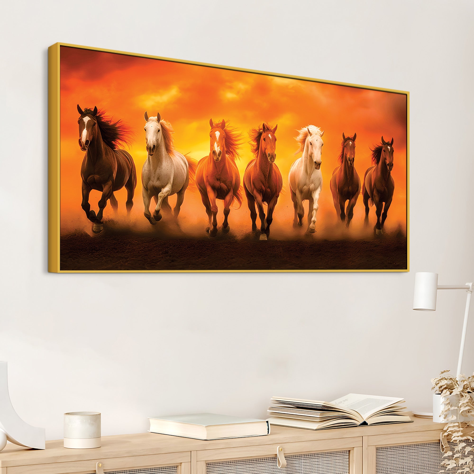 Herd of Seven Horses Running at Sunrise Premium Wall Painting