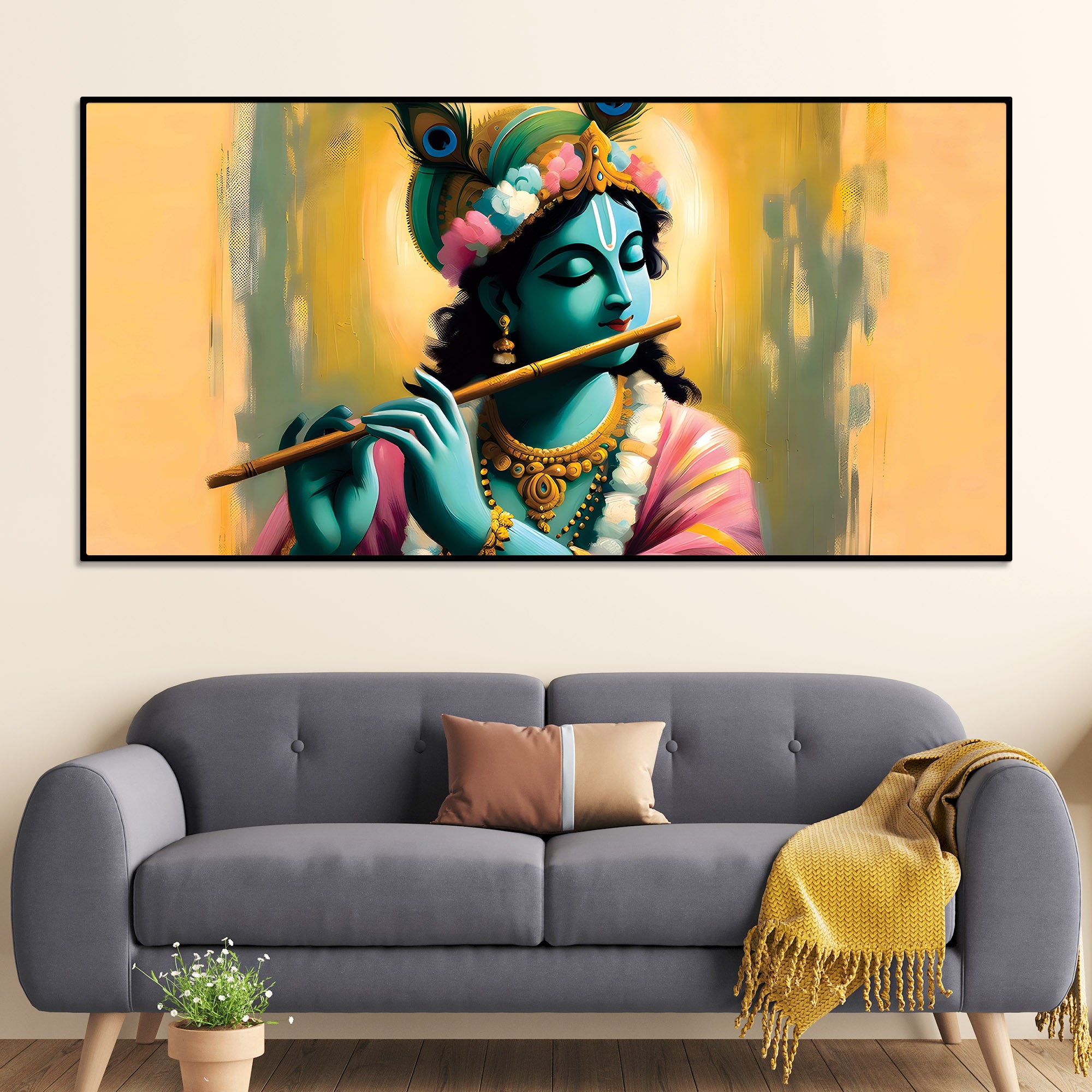 Hindu God Krishna Artistic Canvas Painting for Wall Decoration