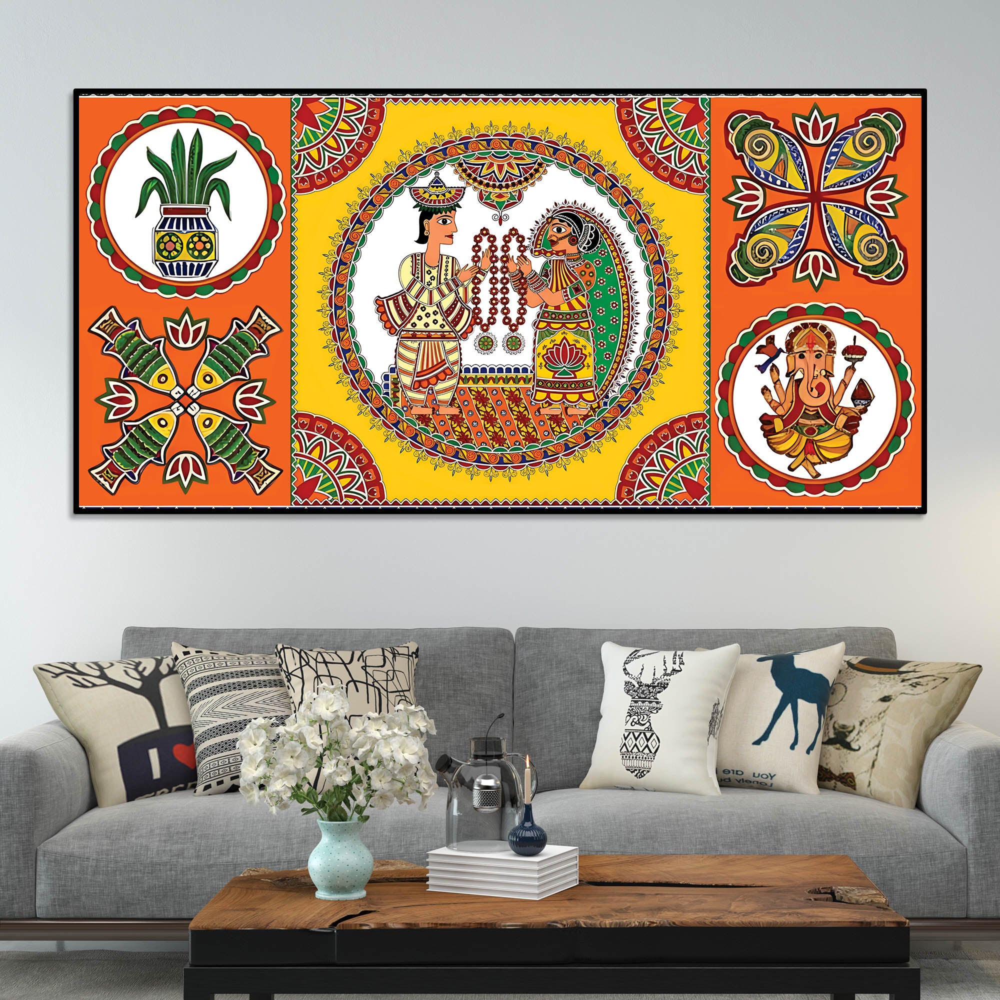 Indian Festive Folk Art Wedding Theme Canvas Wall Painting