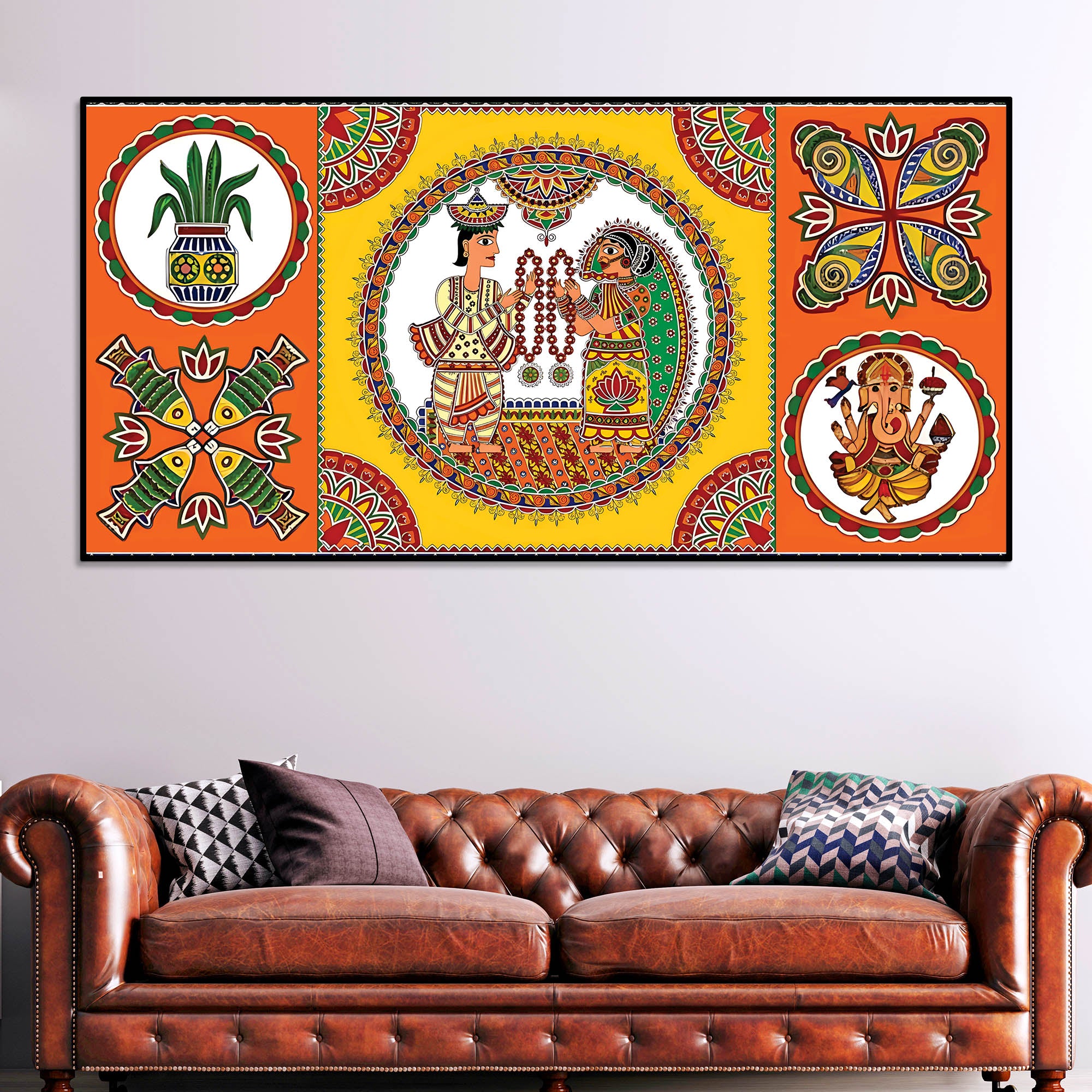 Indian Festive Folk Art Wedding Theme Canvas Wall Painting