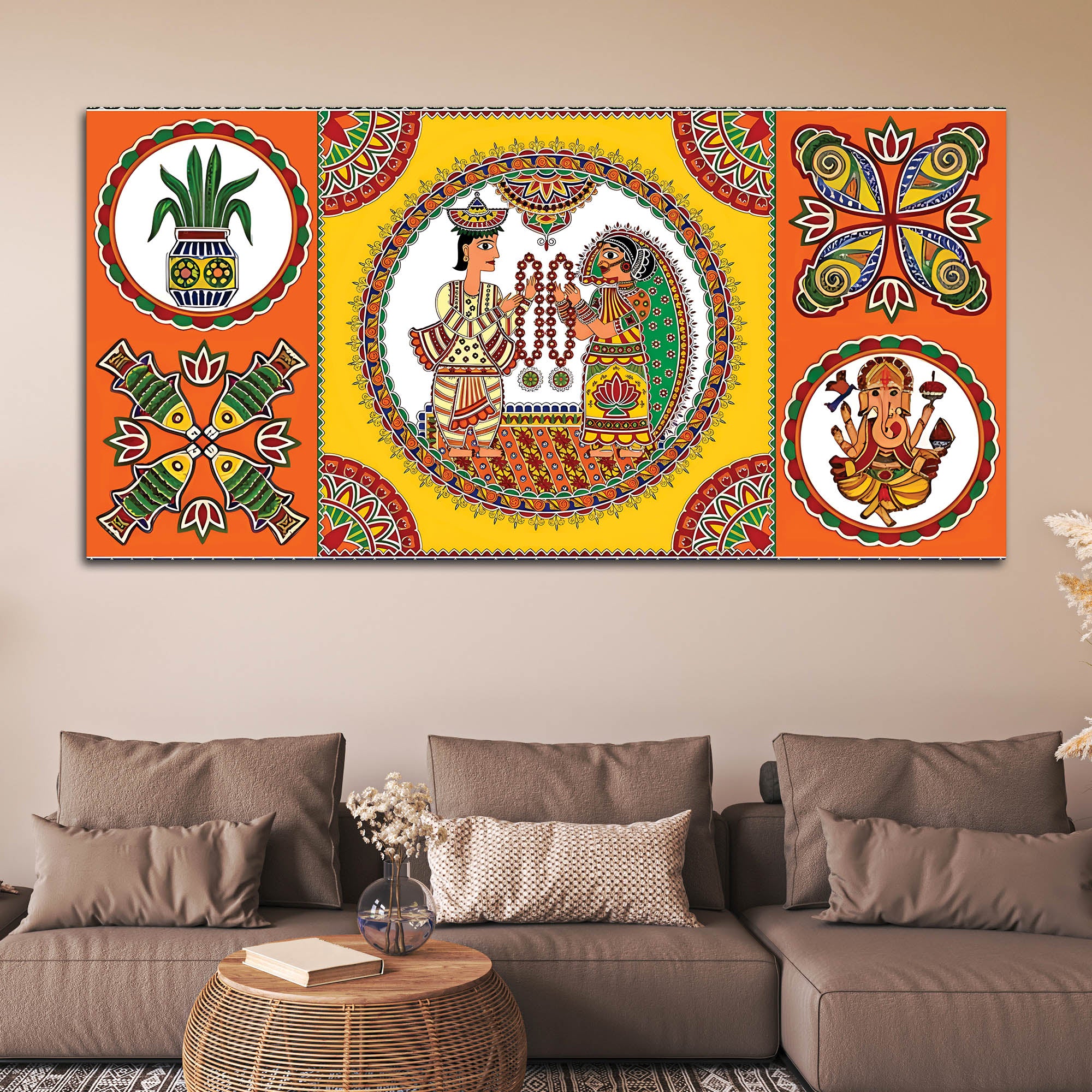 Indian Festive Folk Art Wedding Theme Canvas Wall Painting