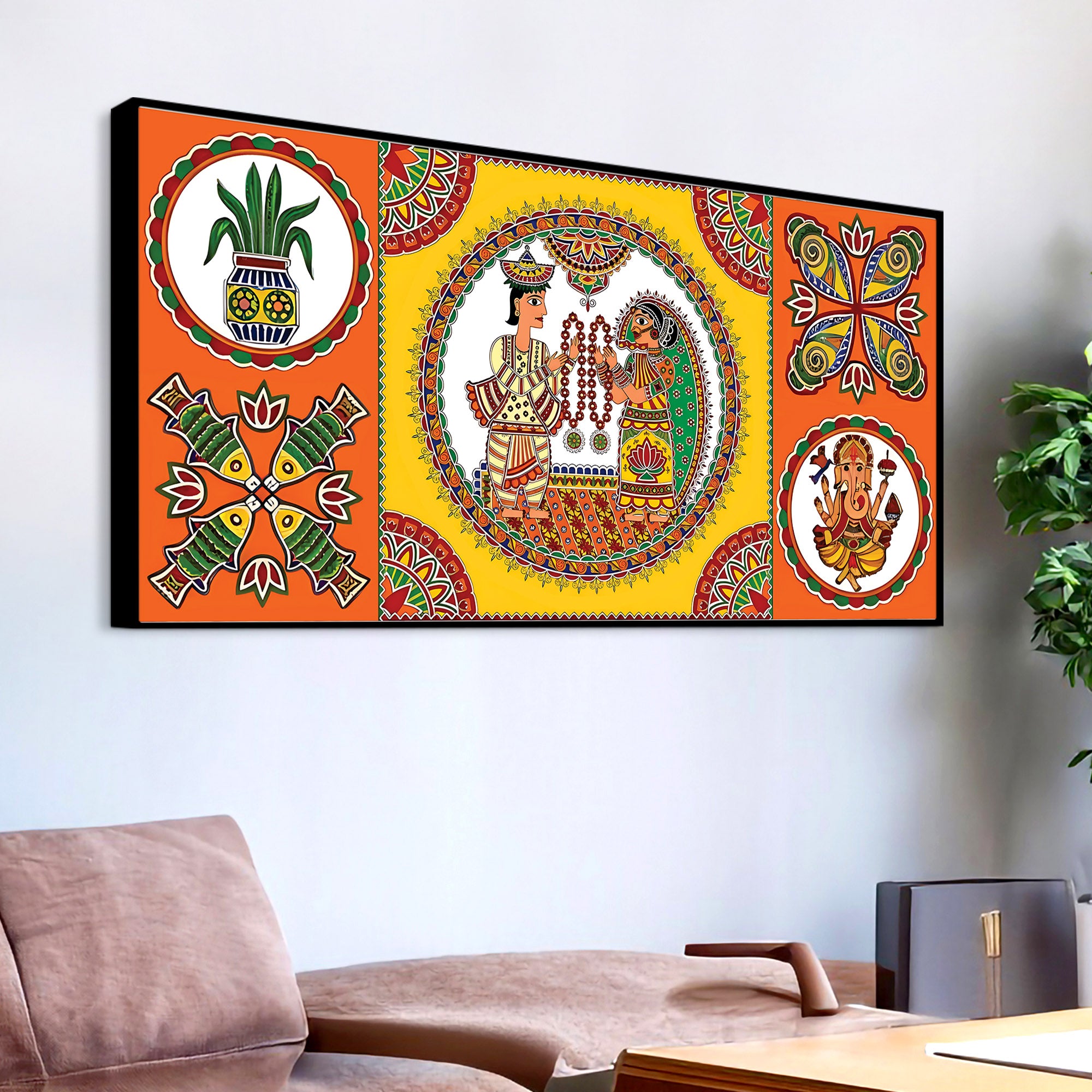 Indian Festive Folk Art Wedding Theme Canvas Wall Painting