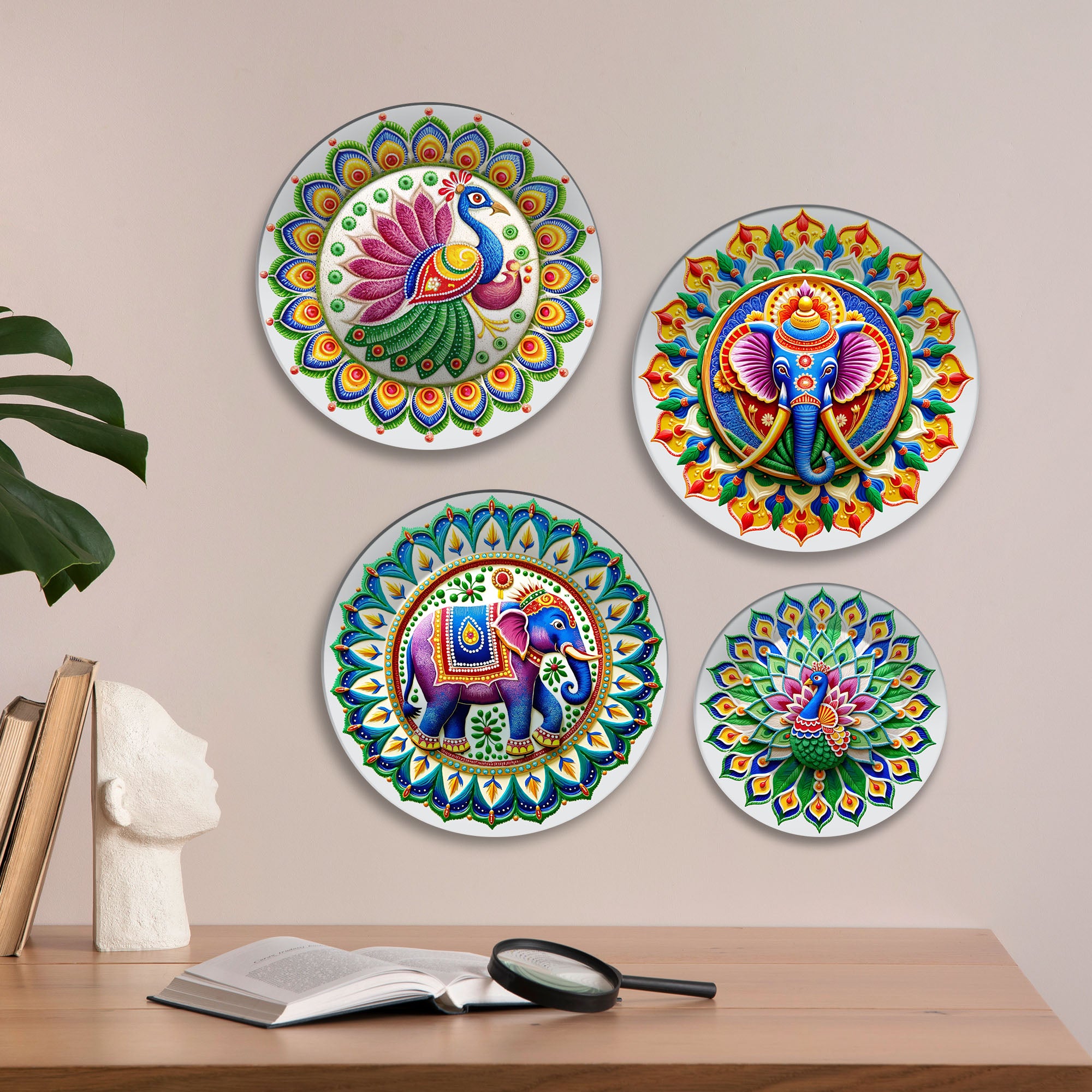Indian Folk Art with Divine Motifs Premium Wall Plates Painting Set of Four