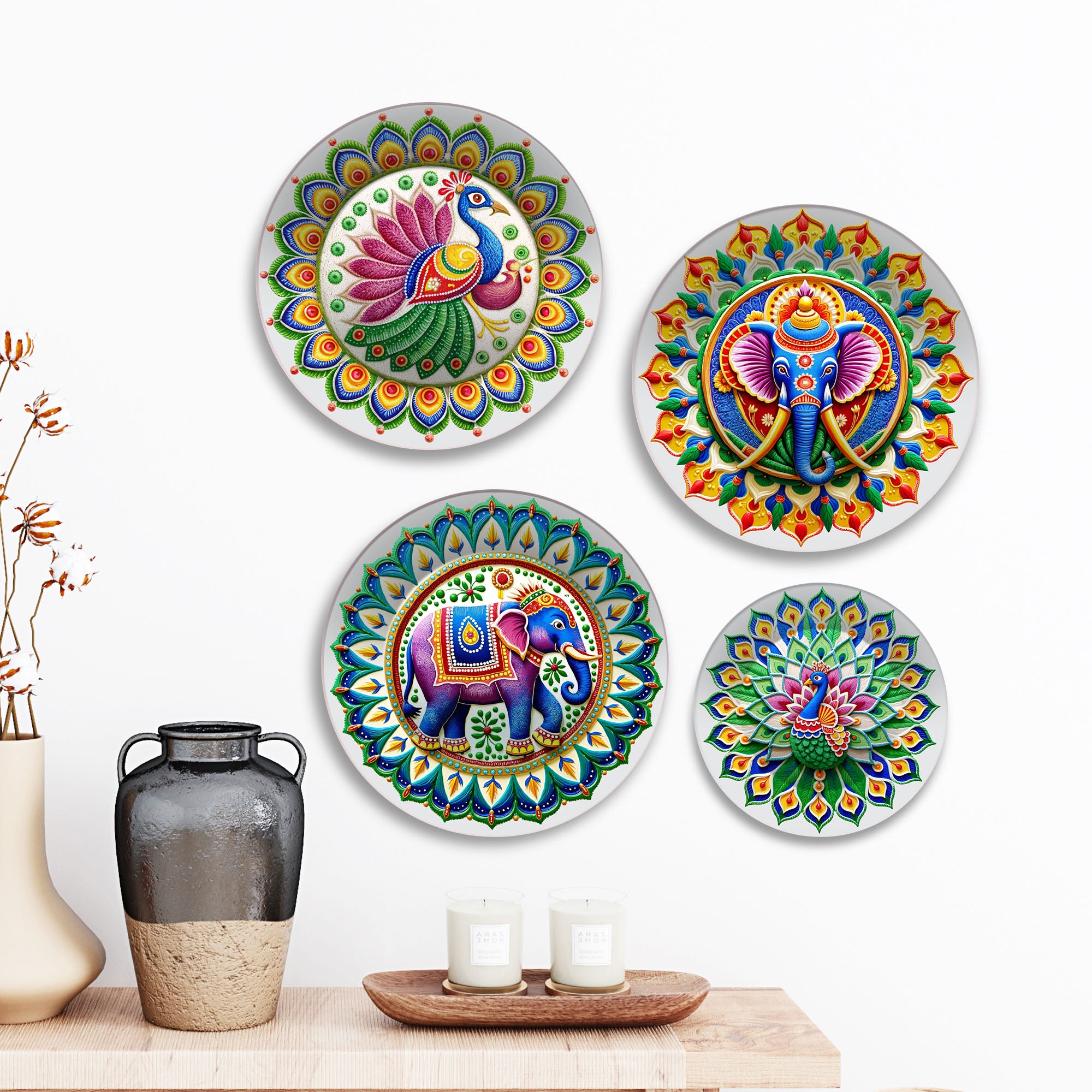 Indian Folk Art with Divine Motifs Premium Wall Plates Painting Set of Four