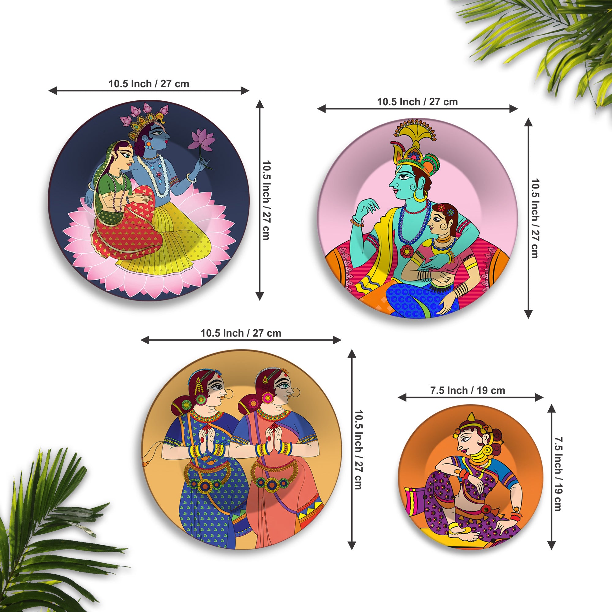 Indian Folk Deity Radha Krishna Premium Wall Plates Painting Set of Four