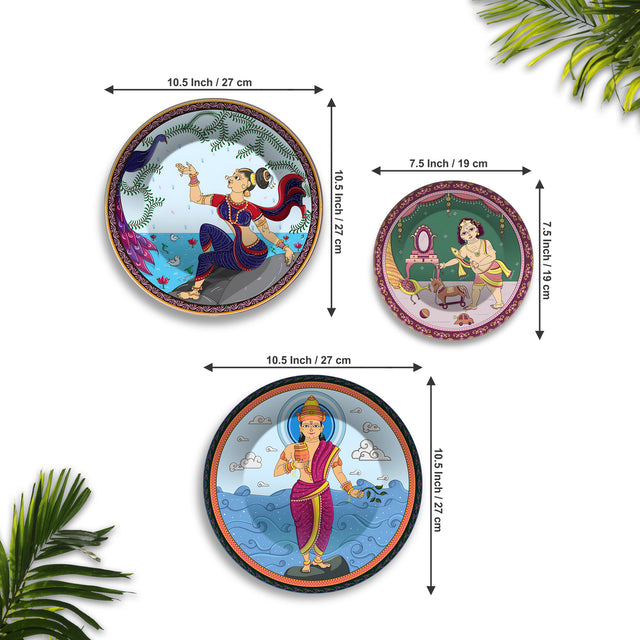 Indian Mythological Divine Tales Premium Wall Plates Painting Set of 3