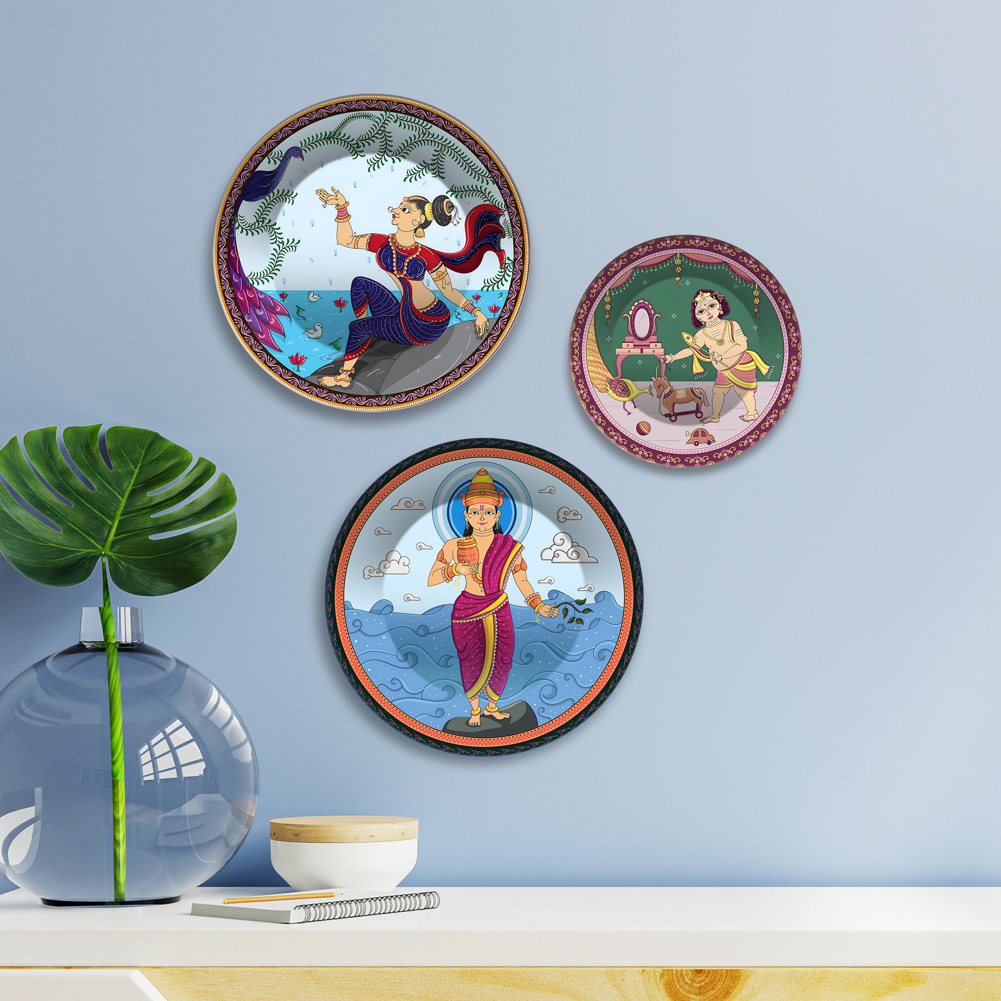 Indian Mythological Divine Tales Premium Wall Plates Painting Set of 3