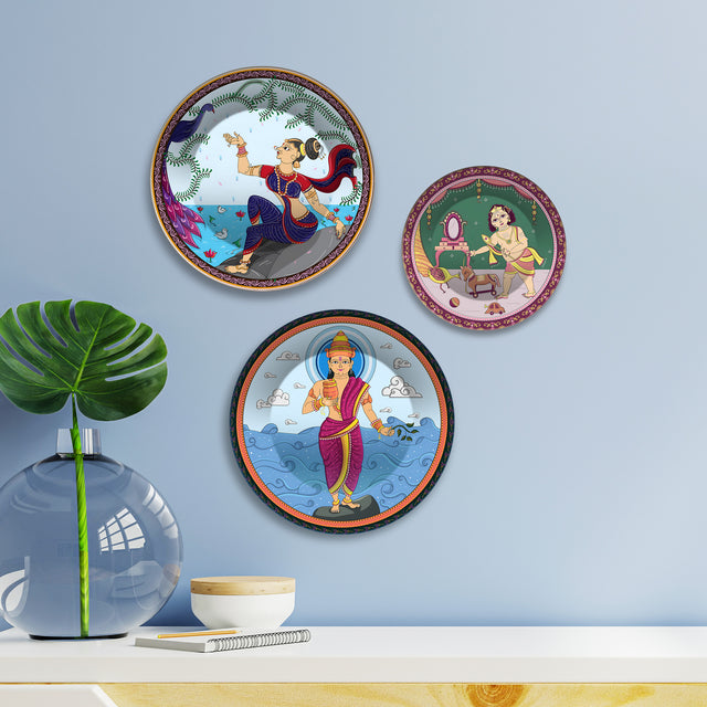 Indian Mythological Divine Tales Premium Wall Plates Painting Set of 3