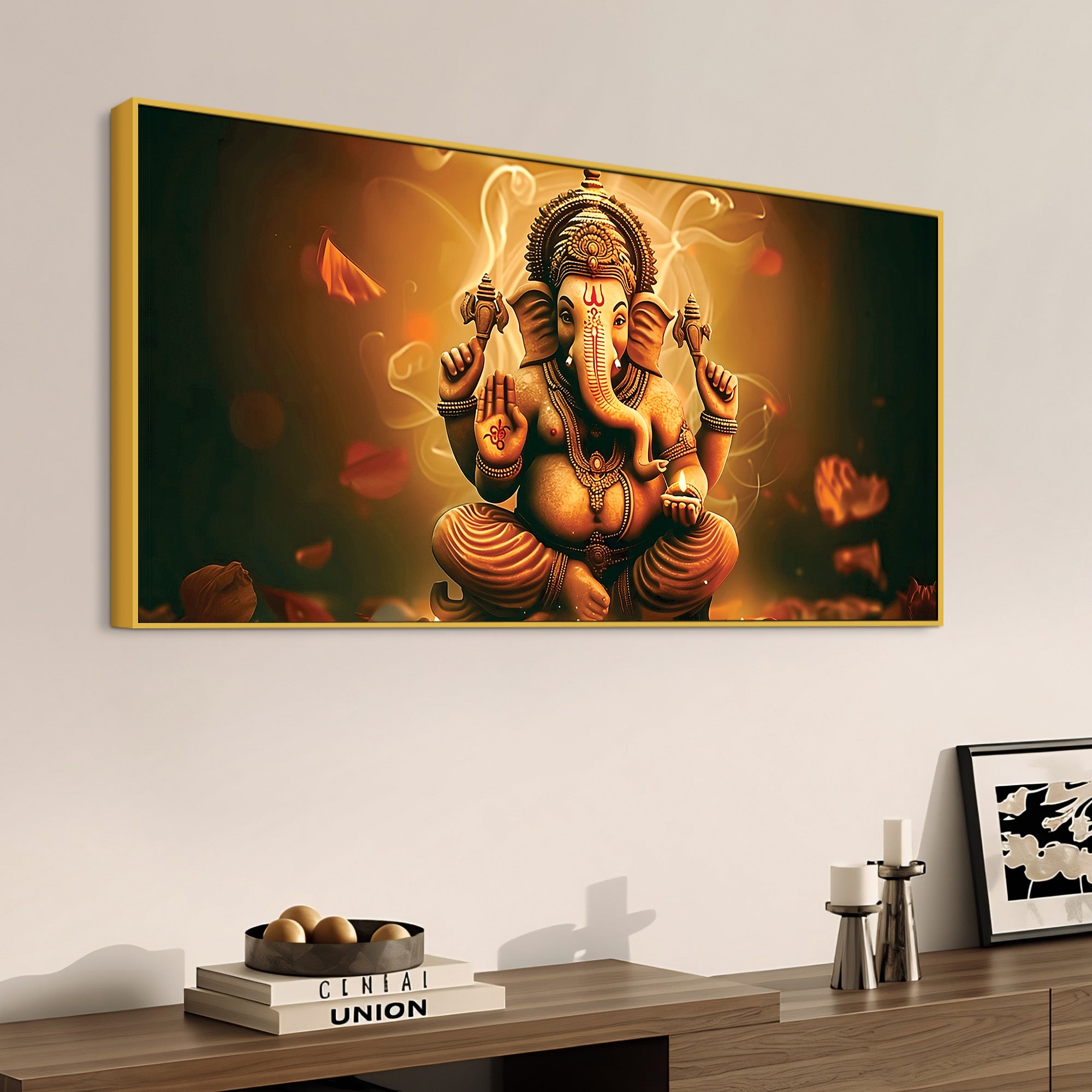 Indian Traditional Lord Shri Ganesh Premium Canvas Wall Painting – Luxury Spiritual Wall Art for Home & Office Decor