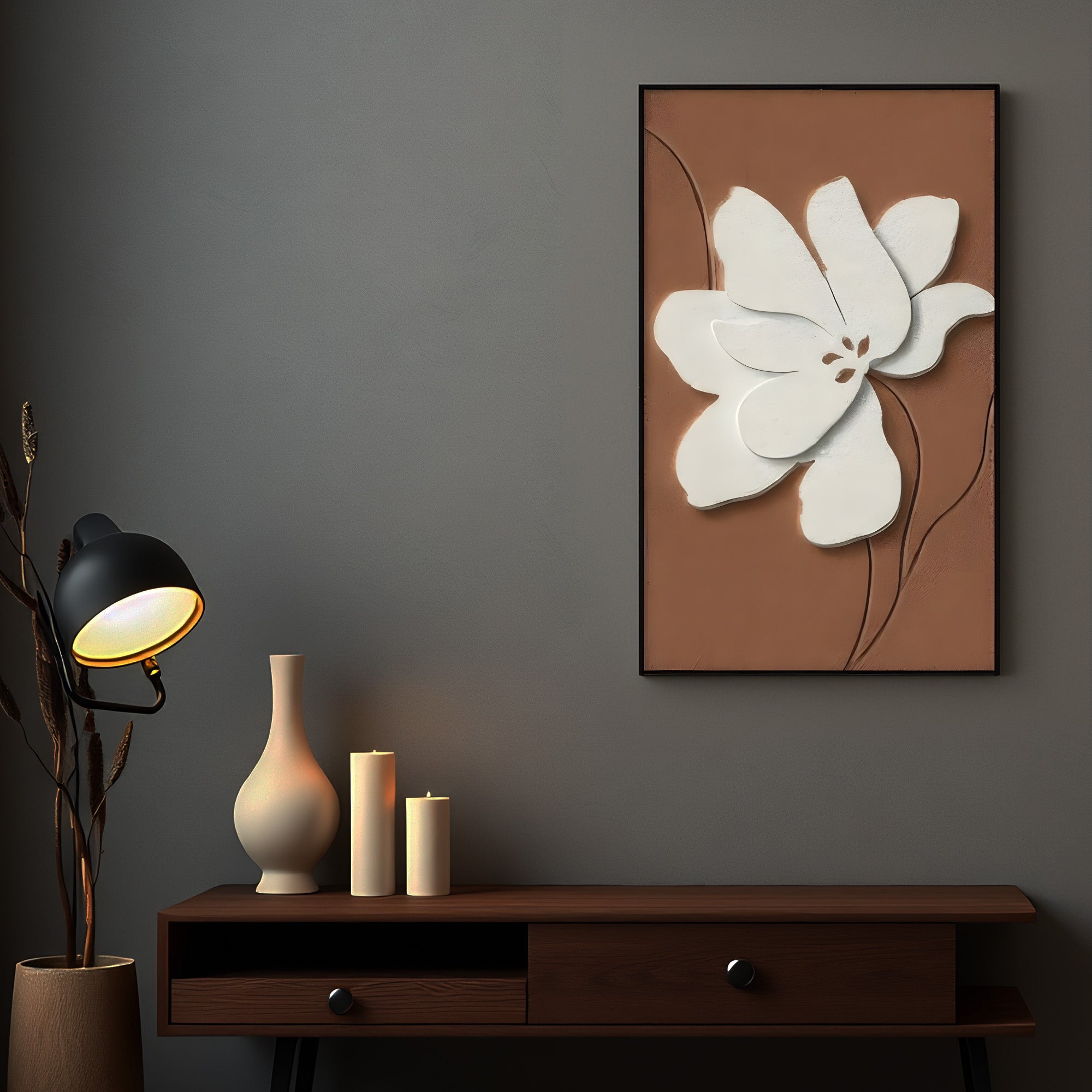 Ivory Flower on Terracotta Relief Frame 3D Wall Art Home Decor