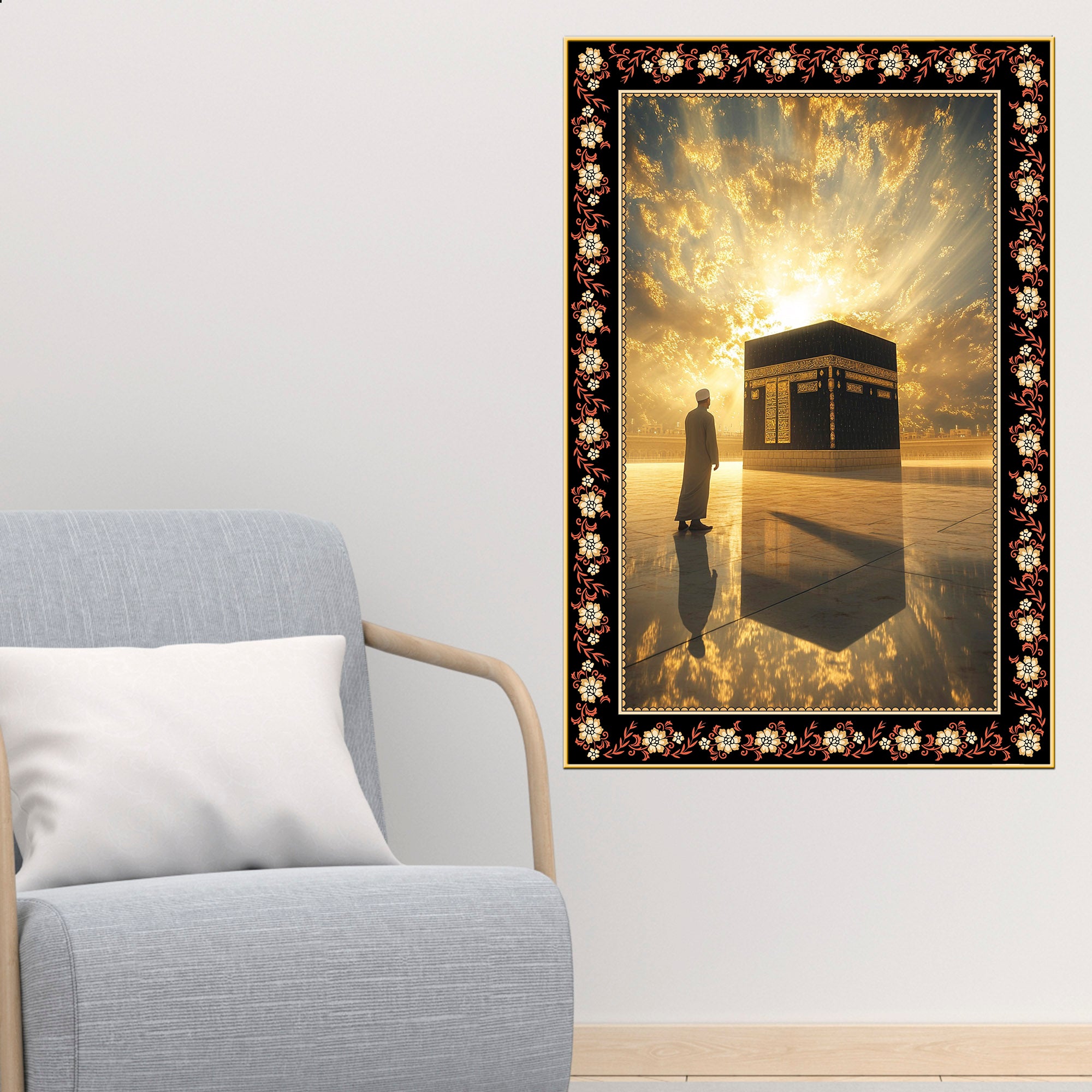 Kaaba at Mecca in Sunrise Floral Border Vertical Wall Painting