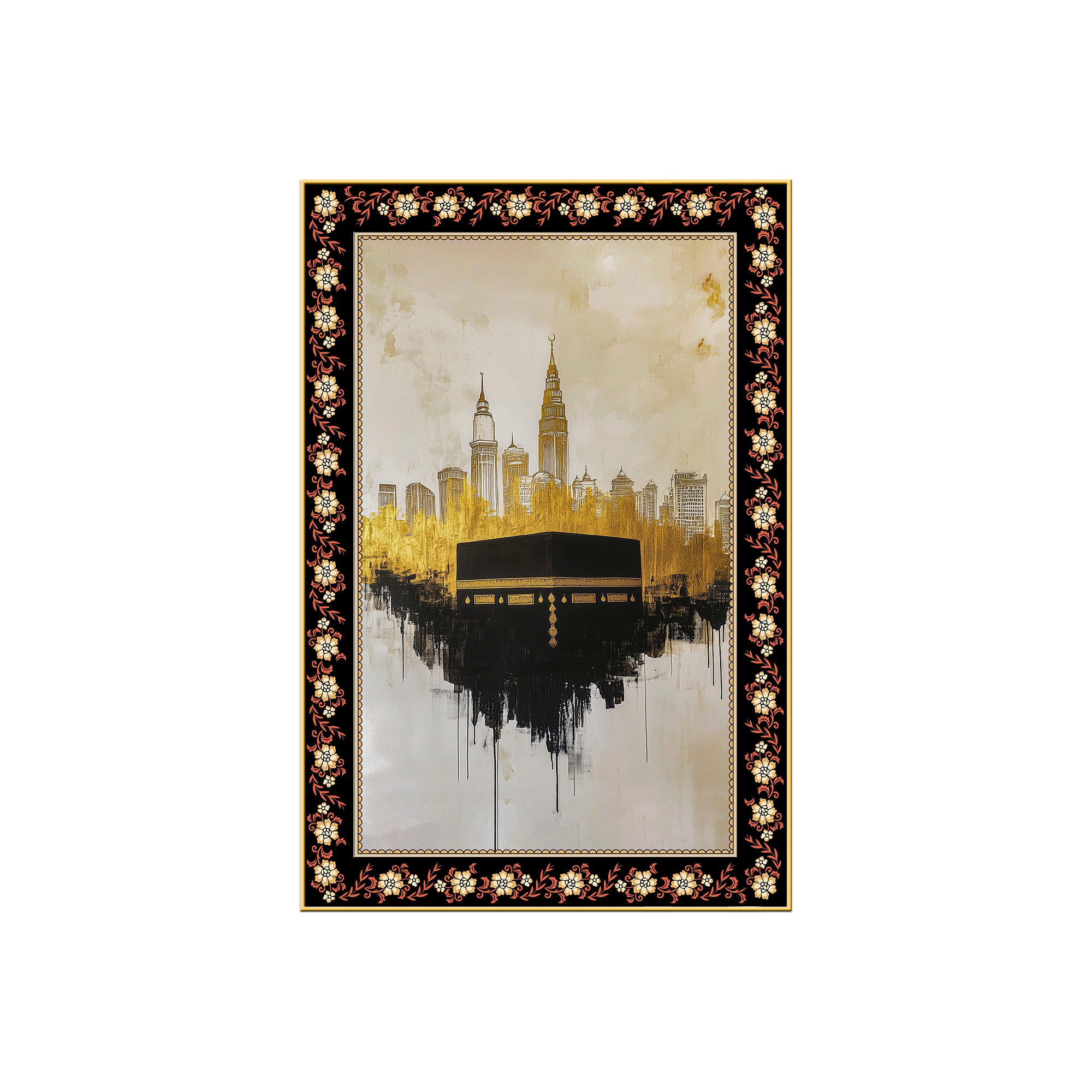 Kaaba Symbol of Unity Floral Border Vertical Wall Painting