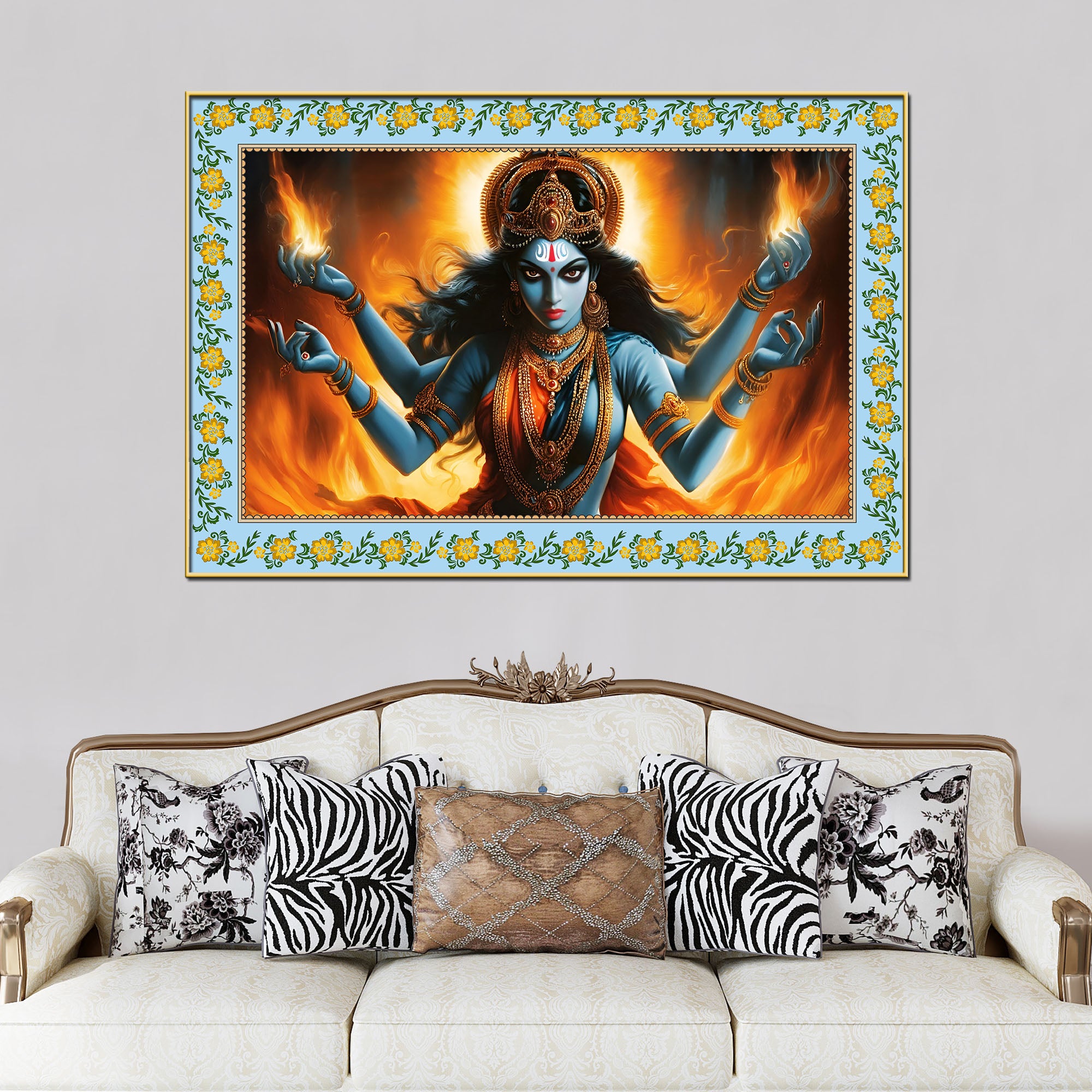 Kali Hindu Goddess Floral Border Canvas Wall Painting