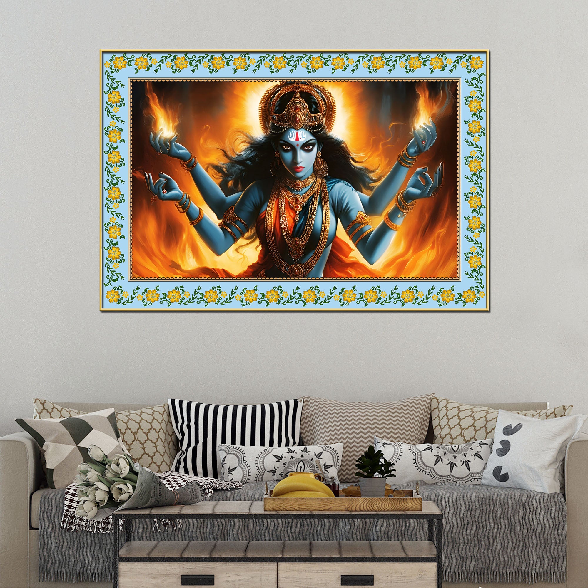 Kali Hindu Goddess Floral Border Canvas Wall Painting