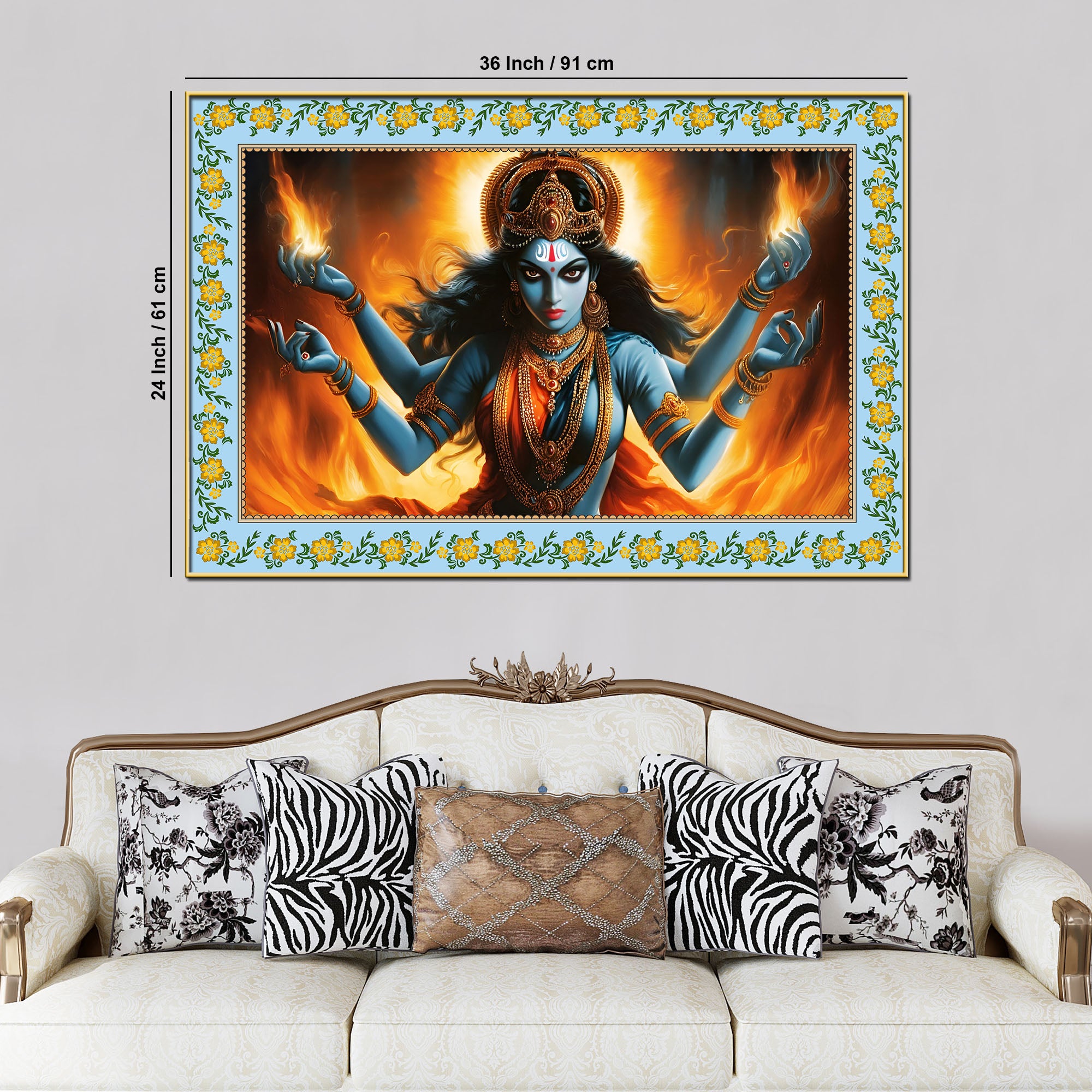 Kali Hindu Goddess Floral Border Canvas Wall Painting